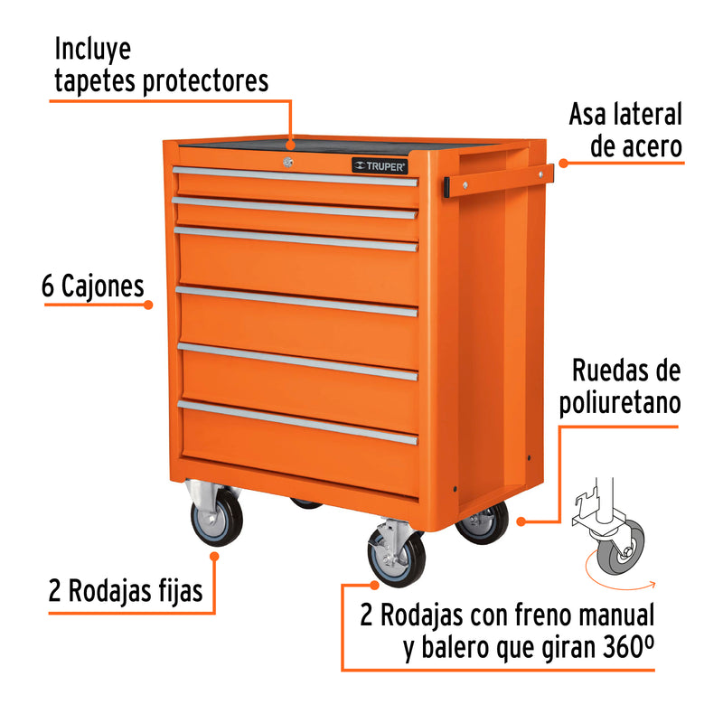 Gabinete metálico móvil, 6 cajones, capacidad 130 kg, TRUPER