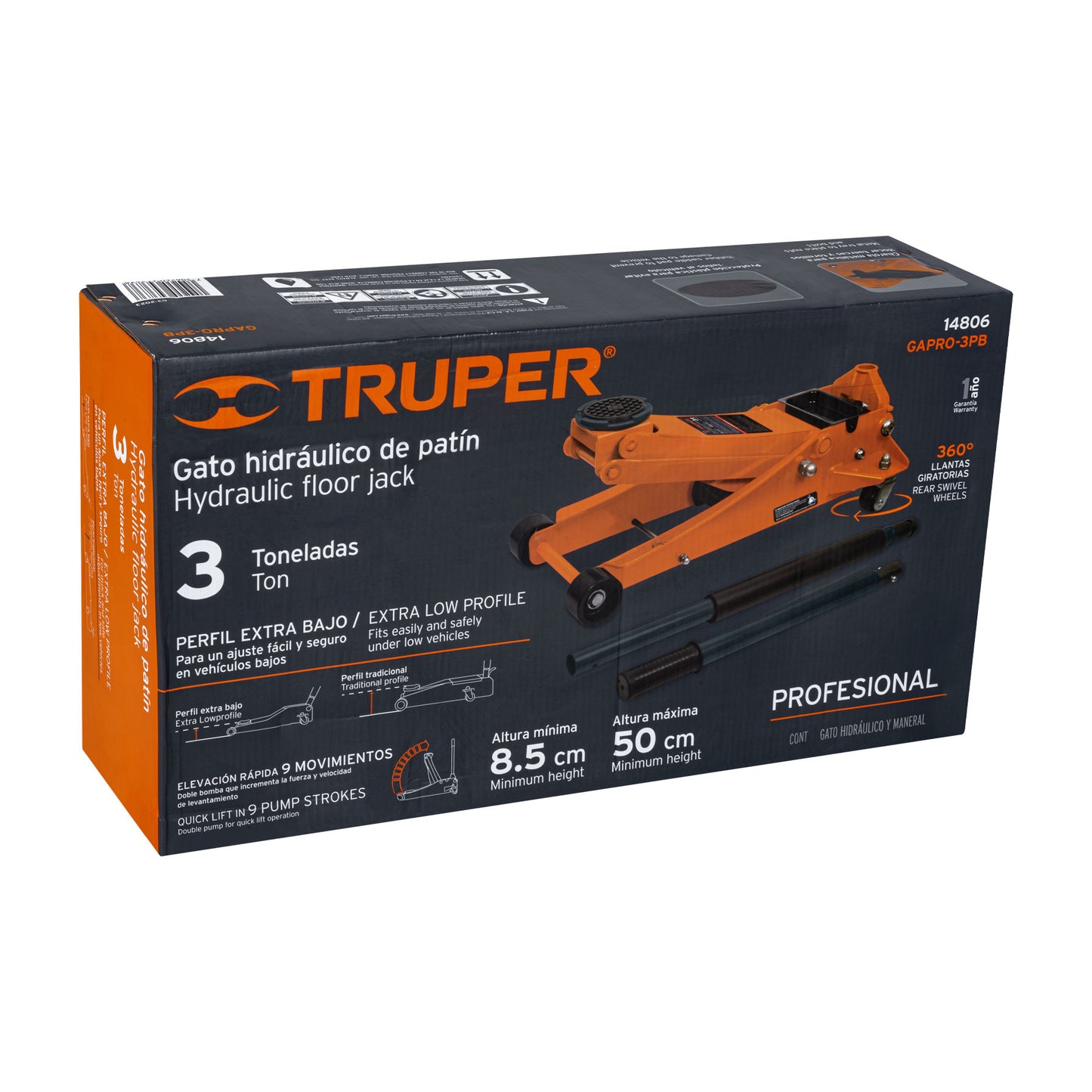 Gato de patín profesional, 3 toneladas, elevación rápida