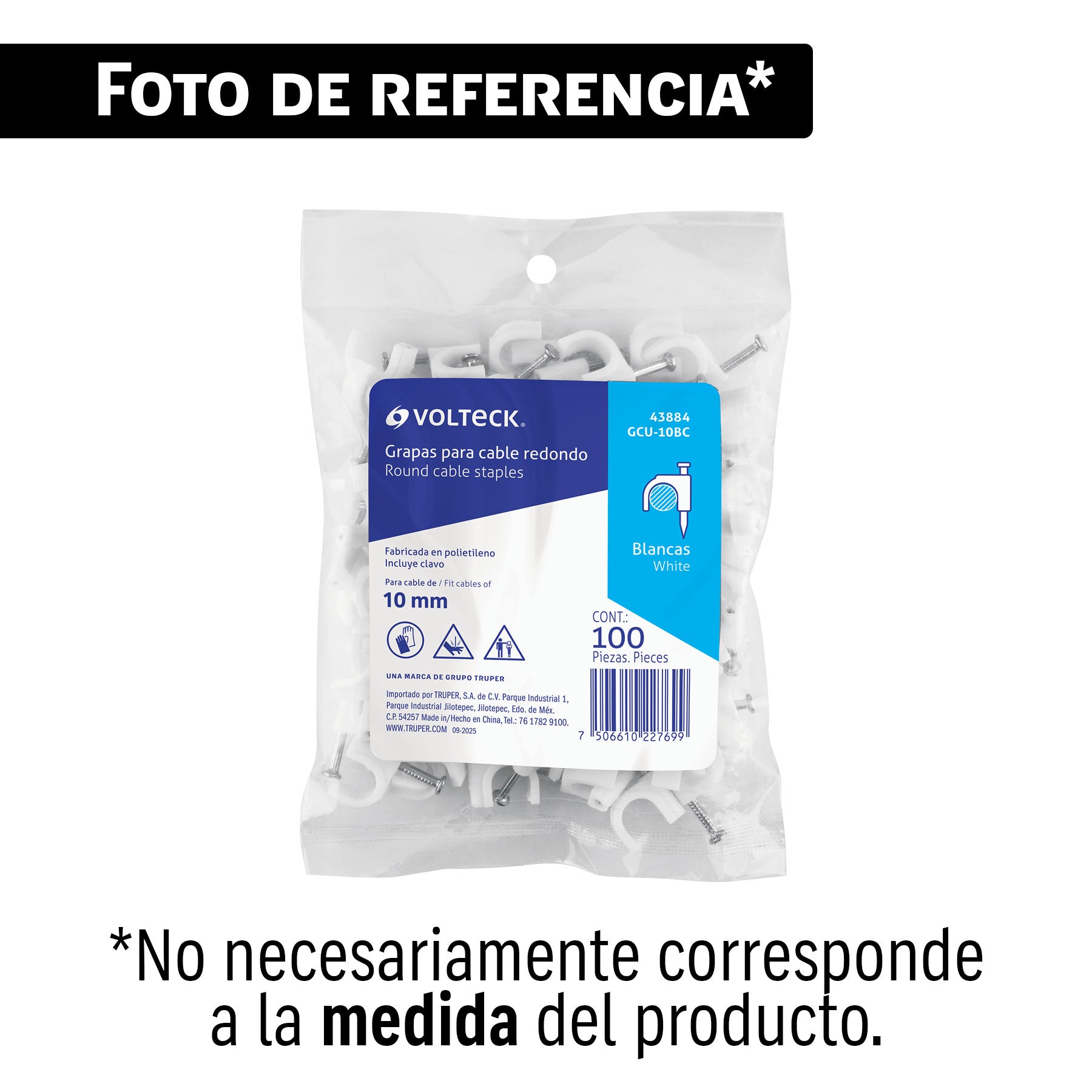 Bolsa con 100 grapas blancas de 10 mm para cable redondo