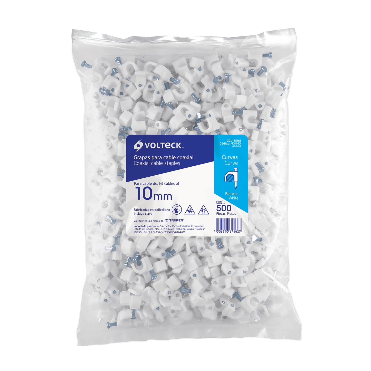 Grapa para cable redondo, 10 mm, blanca, bolsa 500 piezas