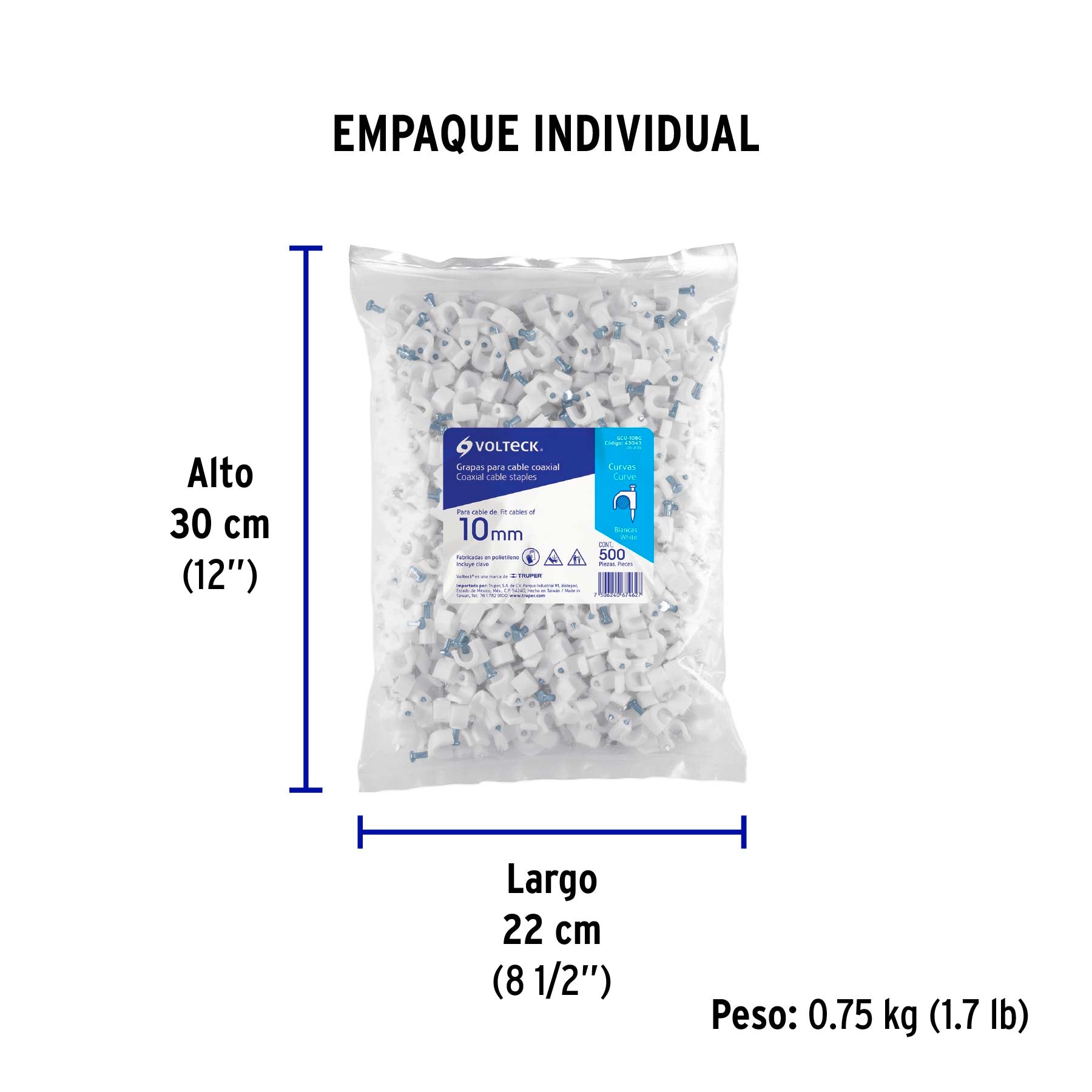 Grapa para cable redondo, 10 mm, blanca, bolsa 500 piezas