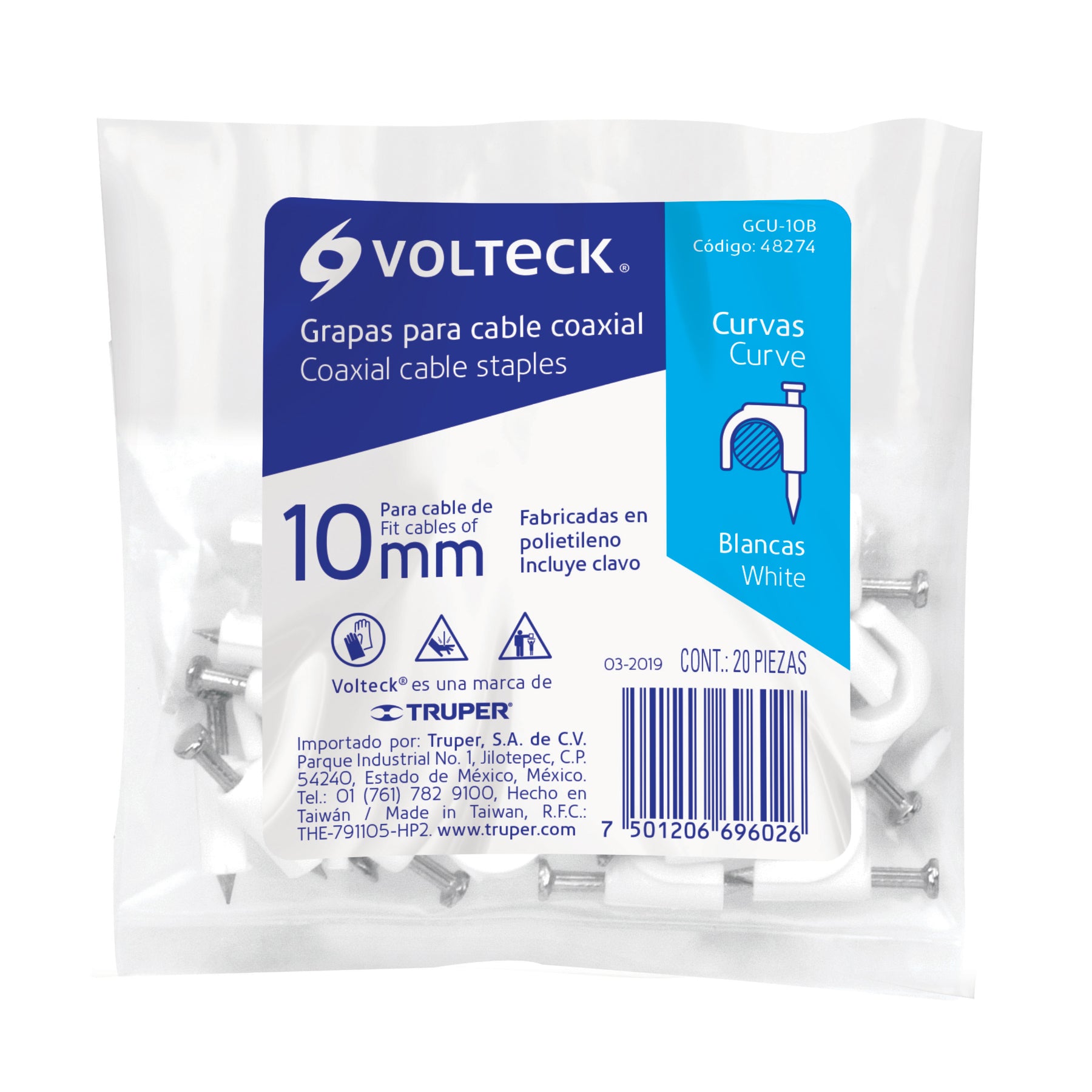 Grapa para cable redondo, 10 mm, blanca, bolsa con 20 piezas