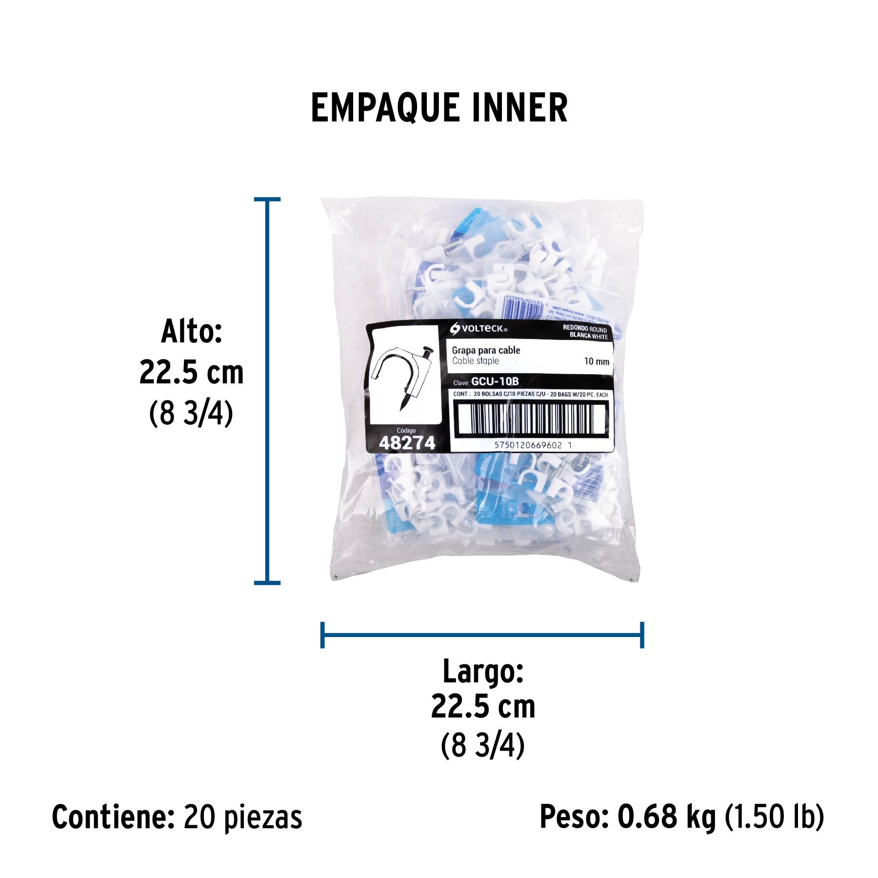 Grapa para cable redondo, 10 mm, blanca, bolsa con 20 piezas