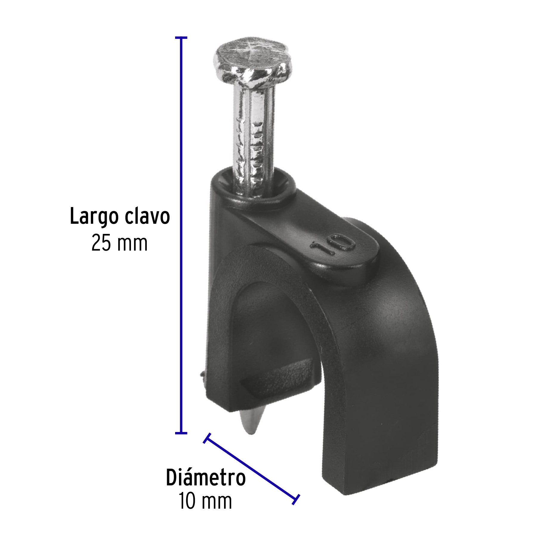 Grapa para cable redondo, 10 mm, negra, bolsa 20 piezas