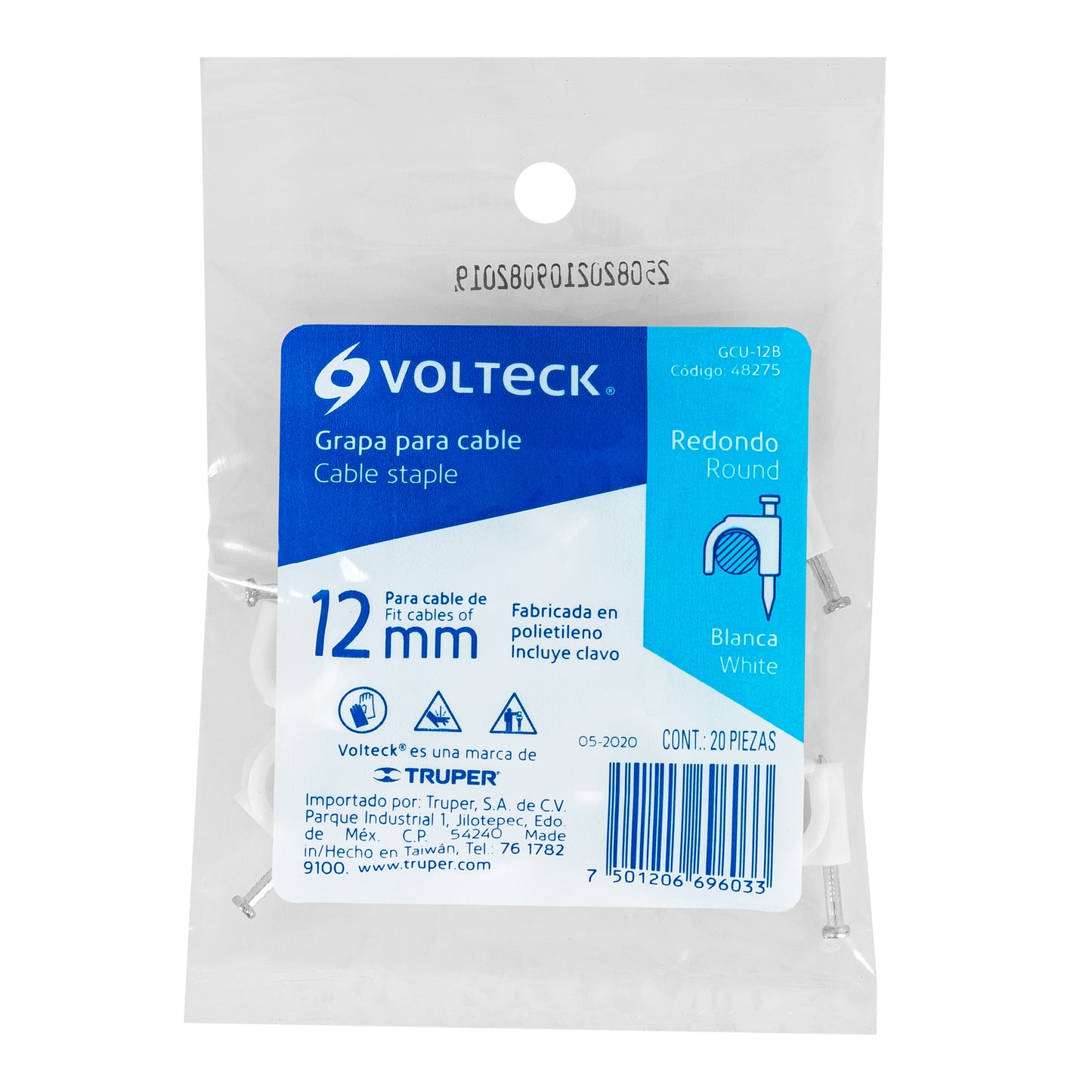Grapa para cable redondo, 12 mm, blanca, bolsa con 20 piezas