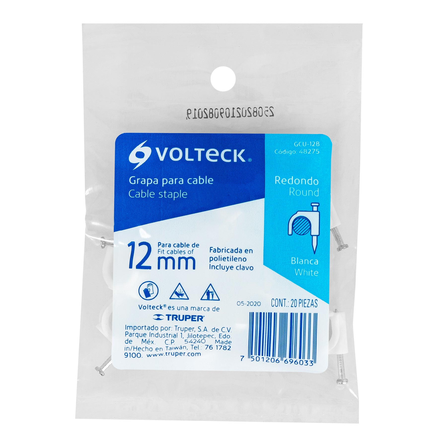 Grapa para cable redondo, 12 mm, blanca, bolsa con 20 piezas