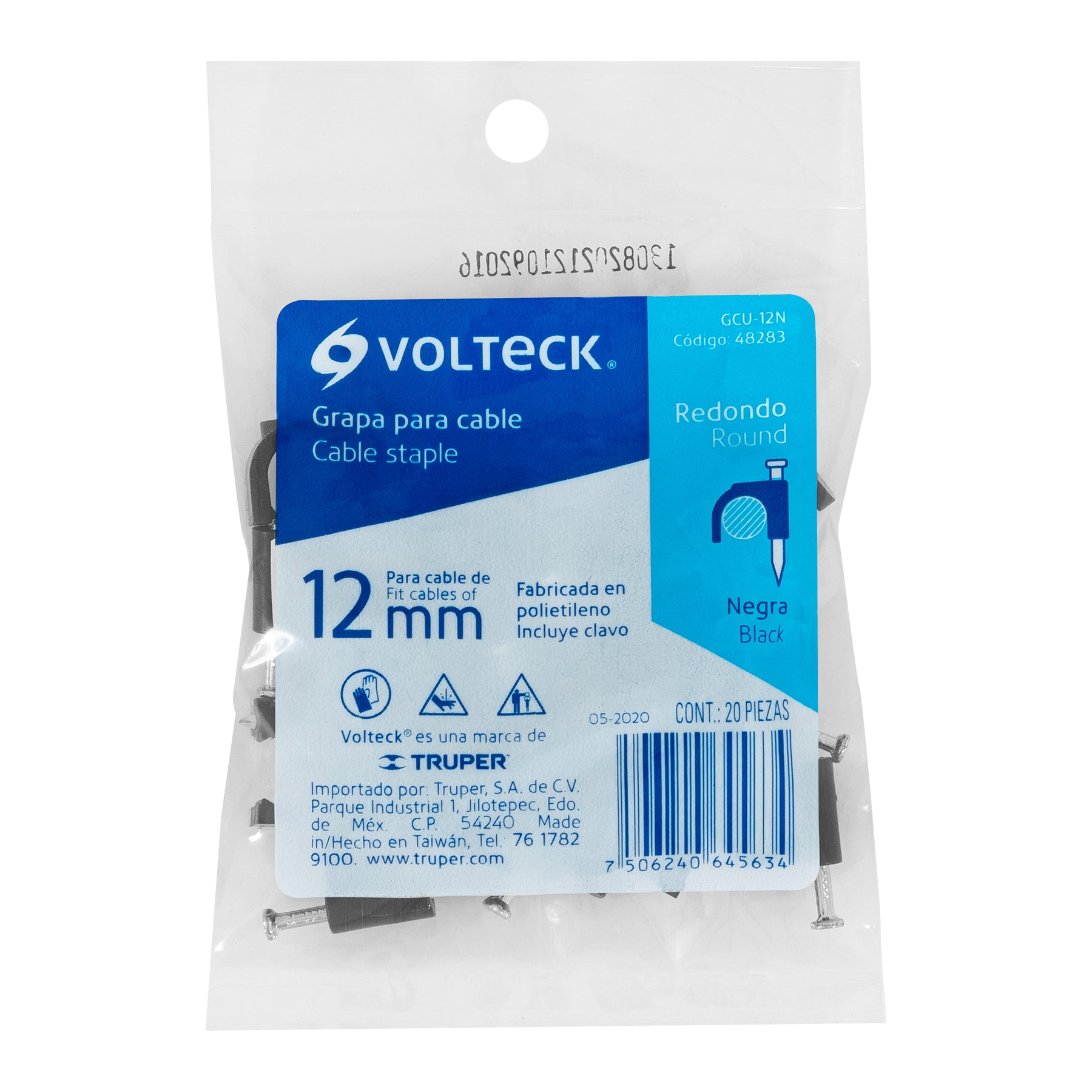 Grapa para cable redondo, 12 mm, negra, bolsa 20 piezas