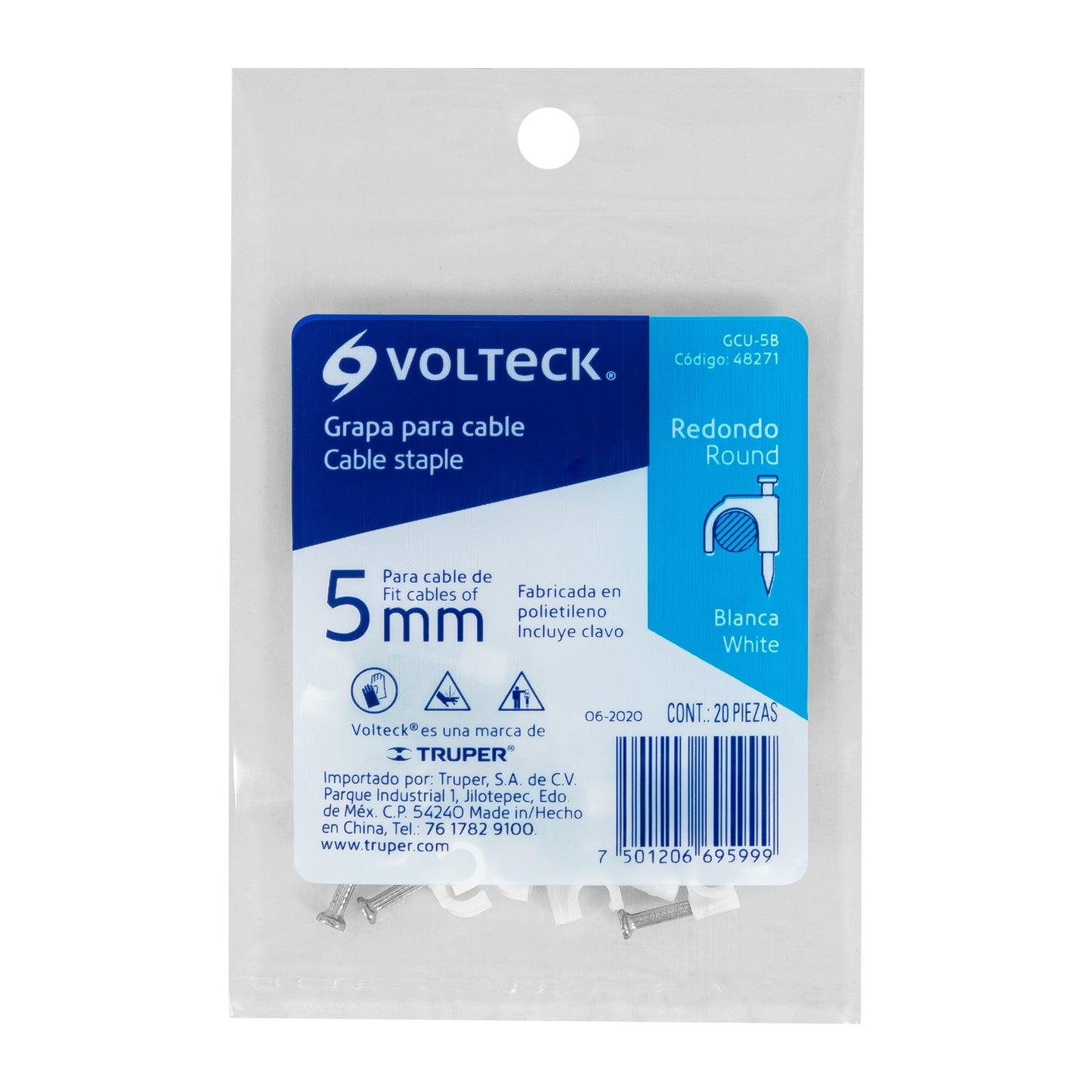 Grapa para cable redondo, 5 mm, blanca, bolsa con 20 piezas