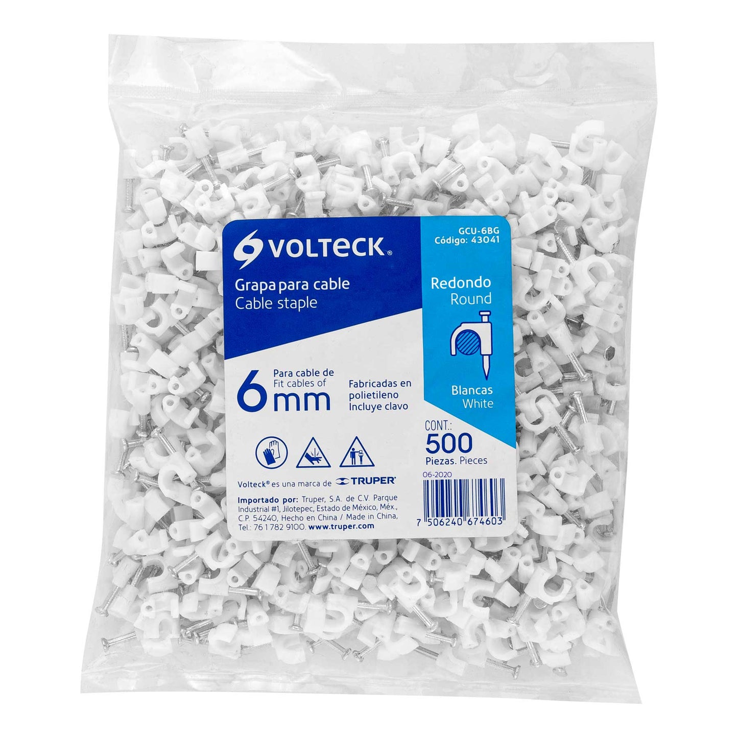Grapa para cable redondo, 6 mm, blanca, bolsa 500 piezas