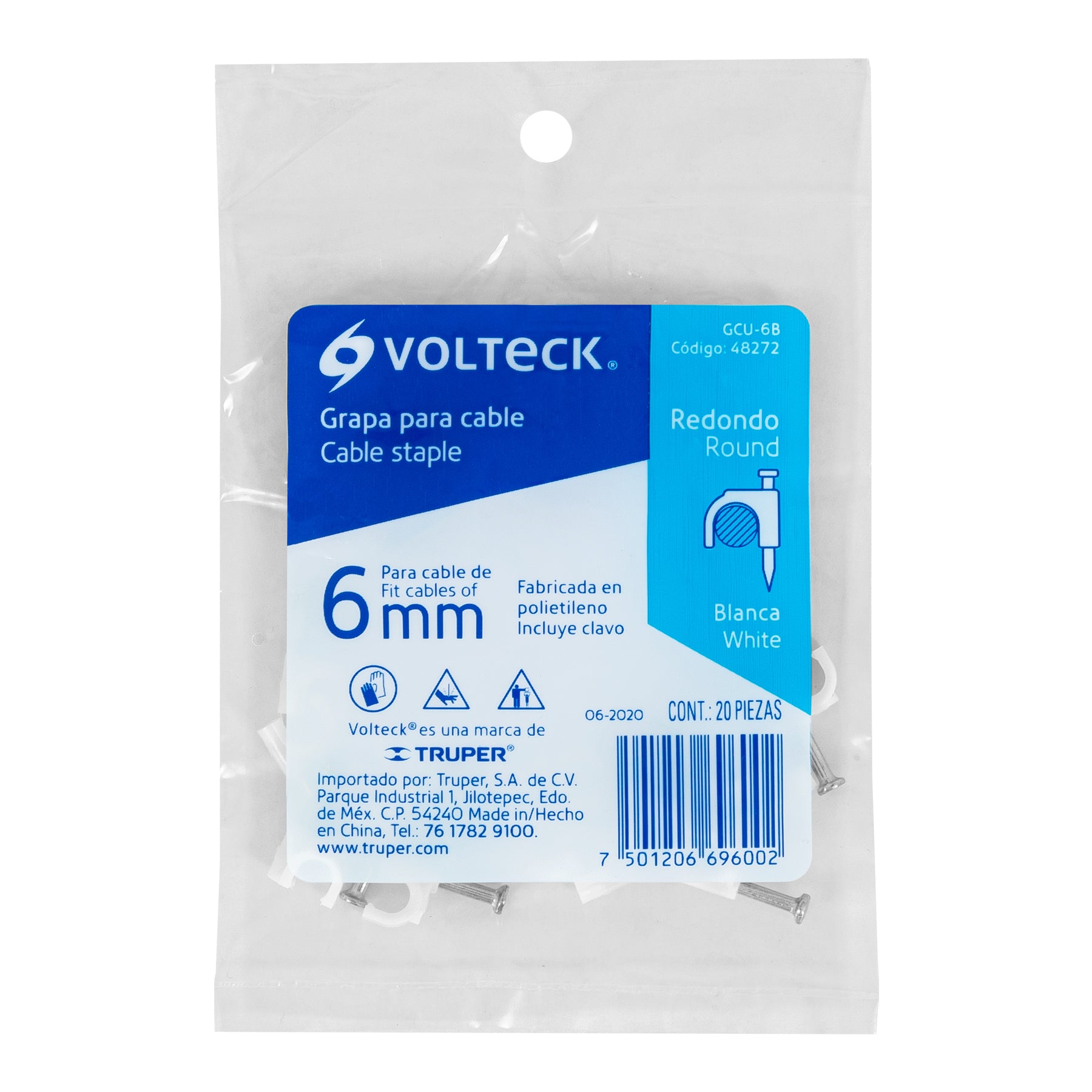 Grapa para cable redondo, 6 mm, blanca, bolsa con 20 piezas
