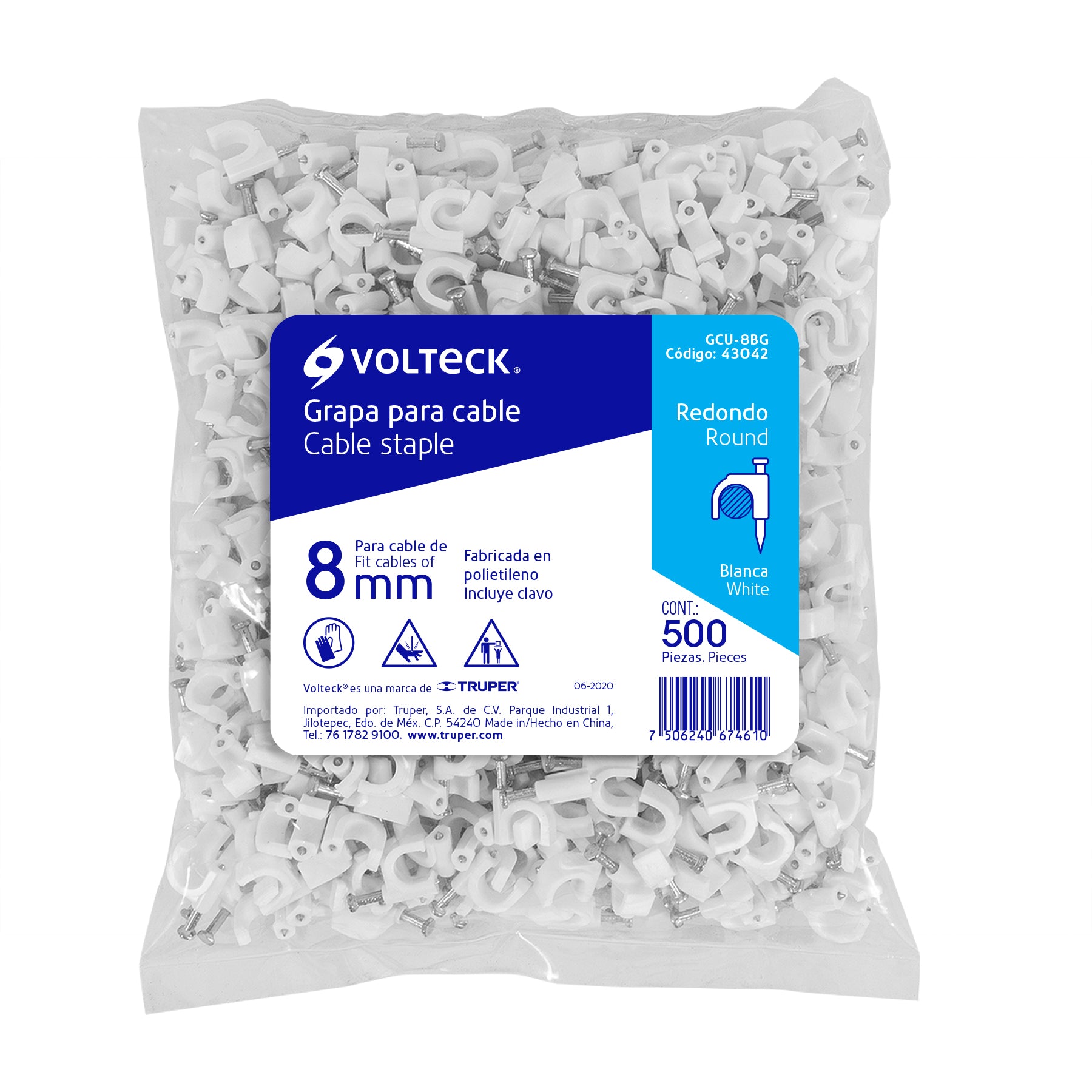 Grapa para cable redondo, 8 mm, blanca, bolsa 500 piezas