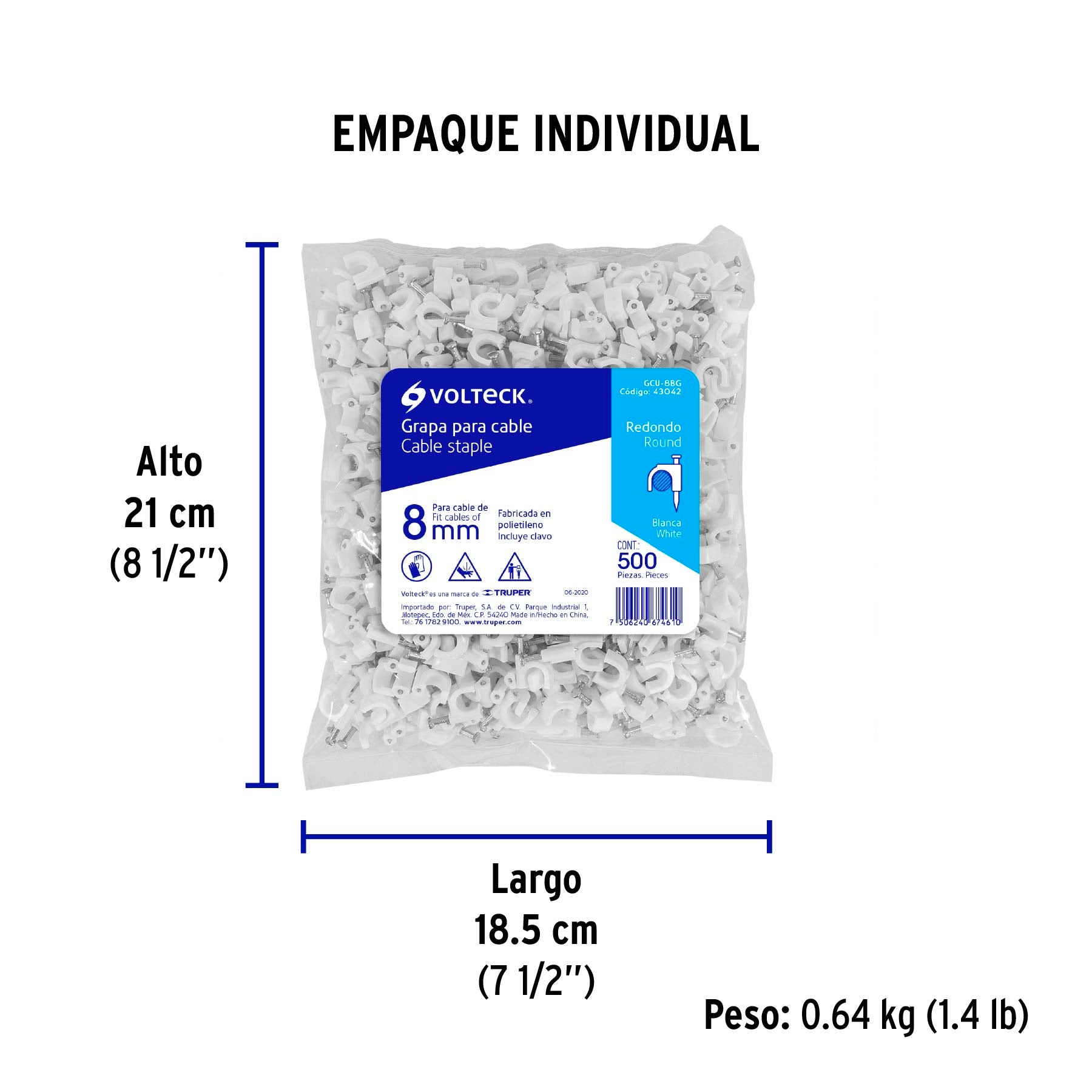 Grapa para cable redondo, 8 mm, blanca, bolsa 500 piezas