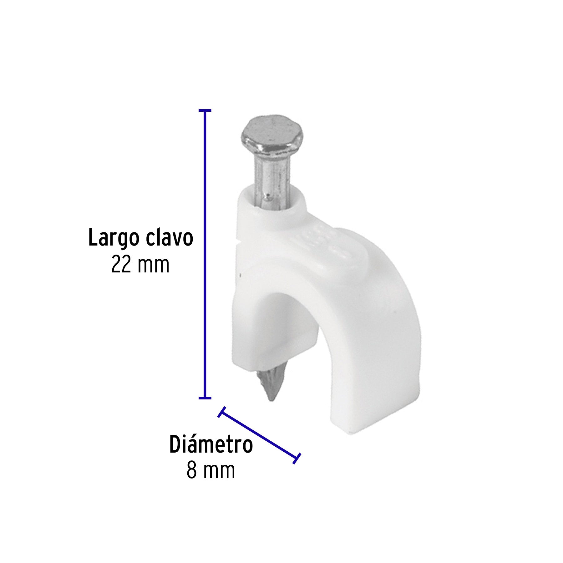 Grapa para cable redondo, 8 mm, blanca, bolsa 500 piezas