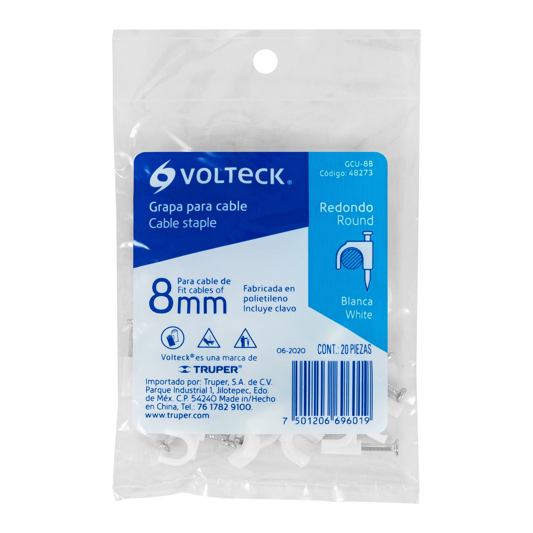 Grapa para cable redondo, 8 mm, blanca, bolsa con 20 piezas
