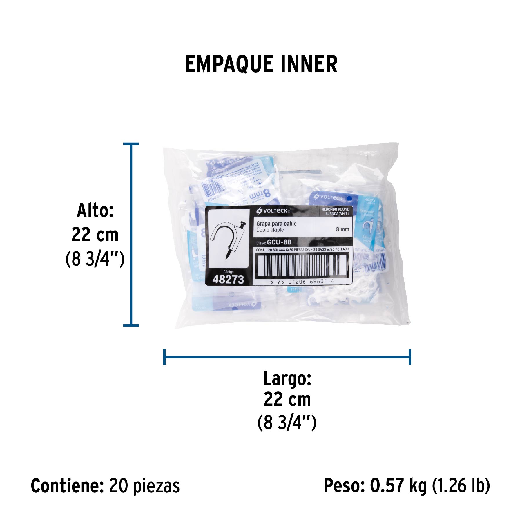 Grapa para cable redondo, 8 mm, blanca, bolsa con 20 piezas