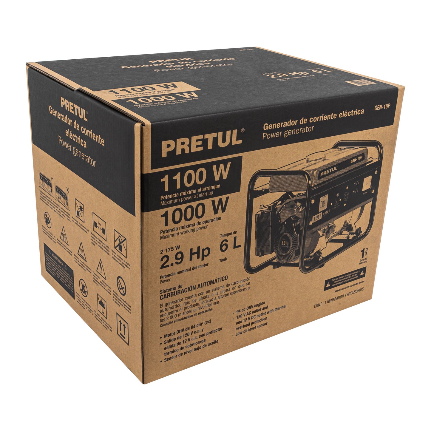 Generador eléctrico a gasolina, 1,000 w, Pretul