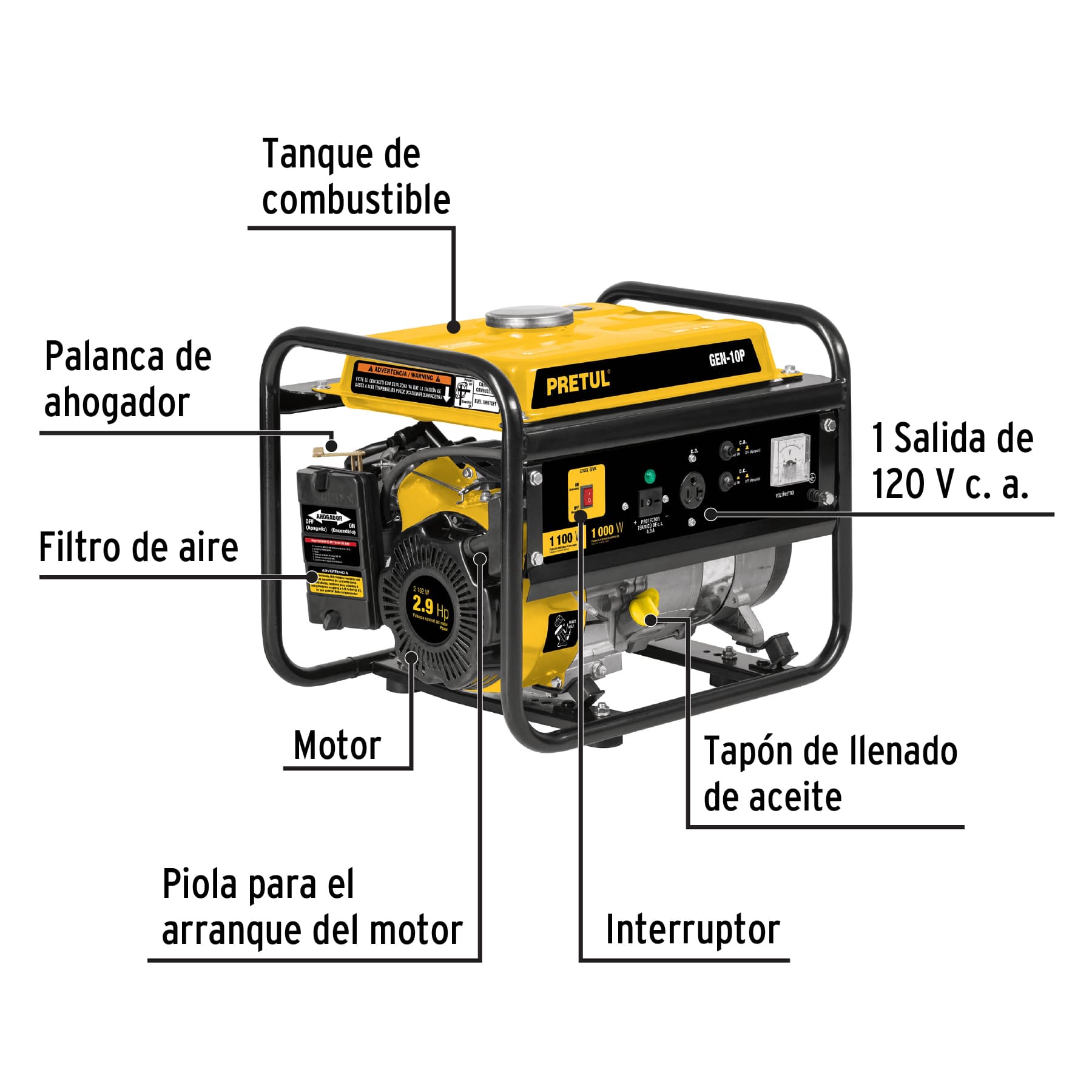 Generador eléctrico a gasolina, 1,000 w, Pretul