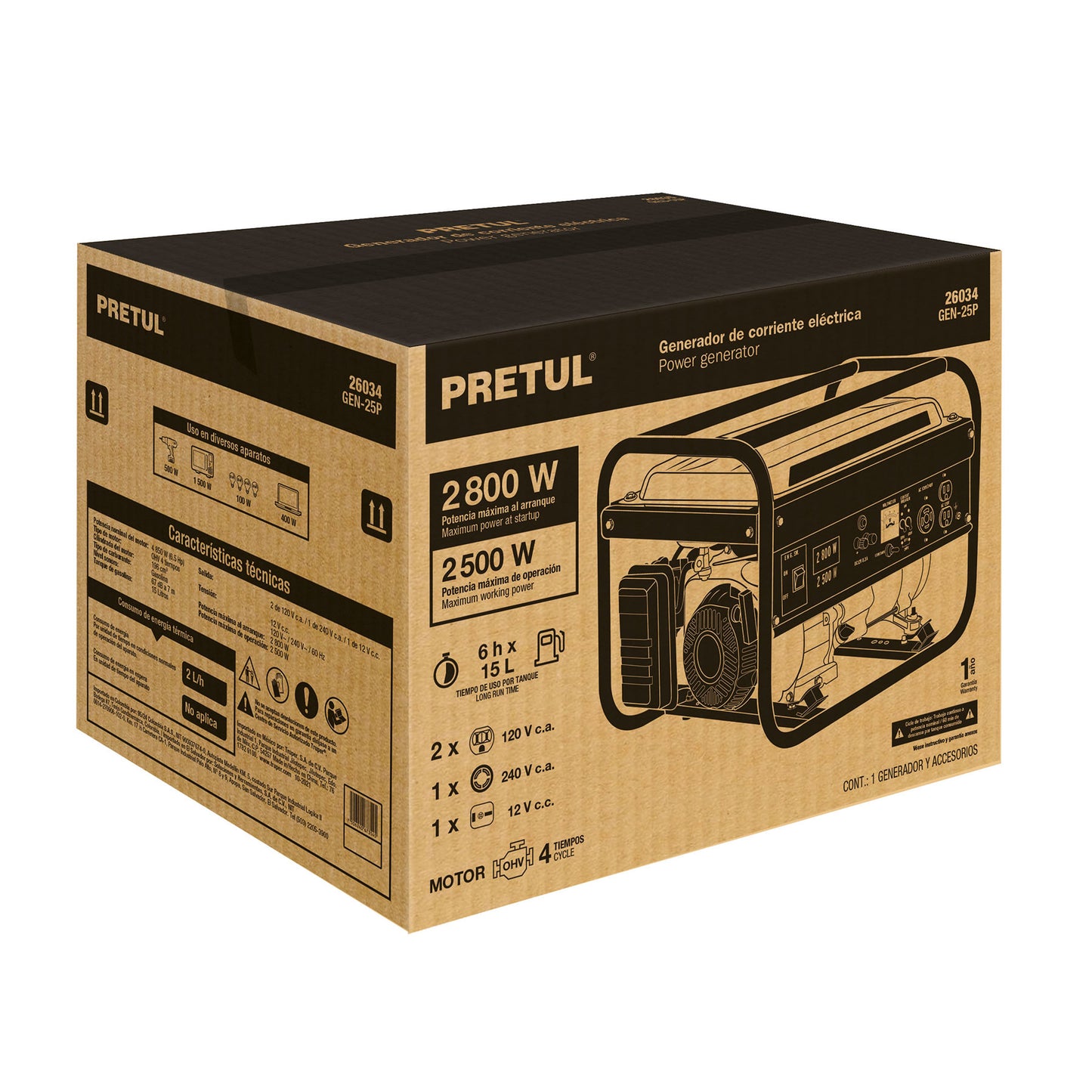 Generador eléctrico a gasolina, 2,500 w, Pretul