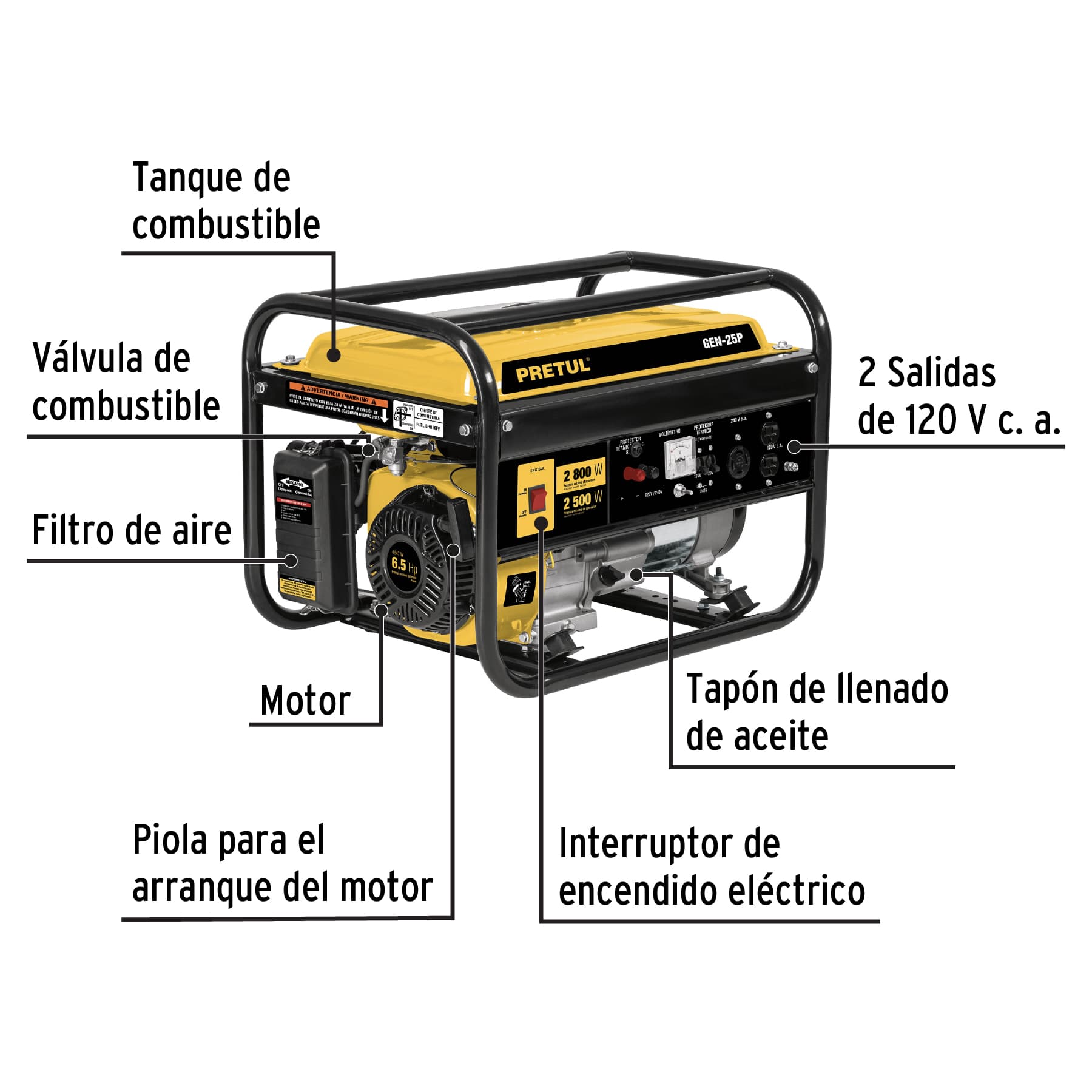 Generador eléctrico a gasolina, 2,500 w, Pretul