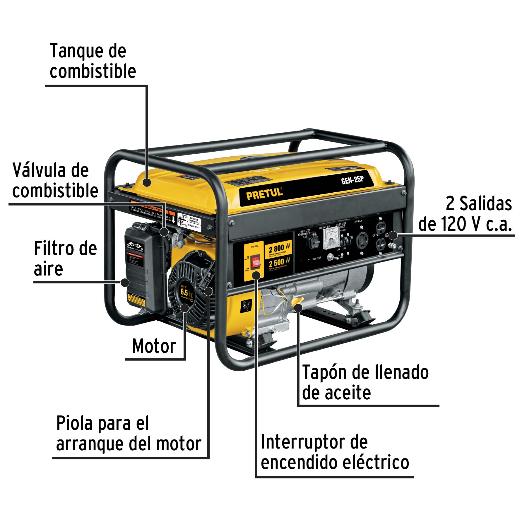Generador eléctrico a gasolina, 2,500 w, Pretul