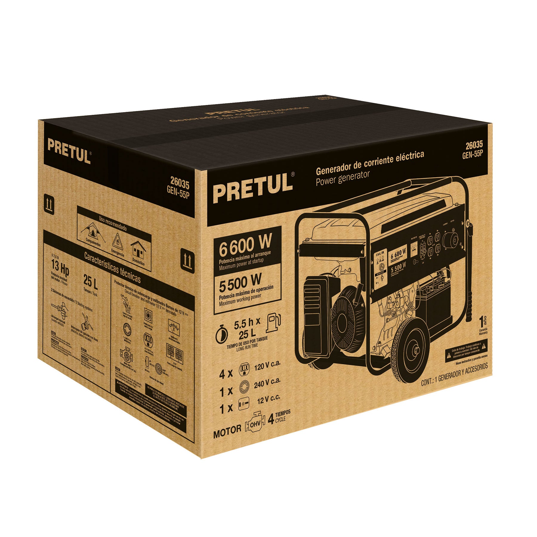 Generador eléctrico a gasolina, 5,500 w, Pretul