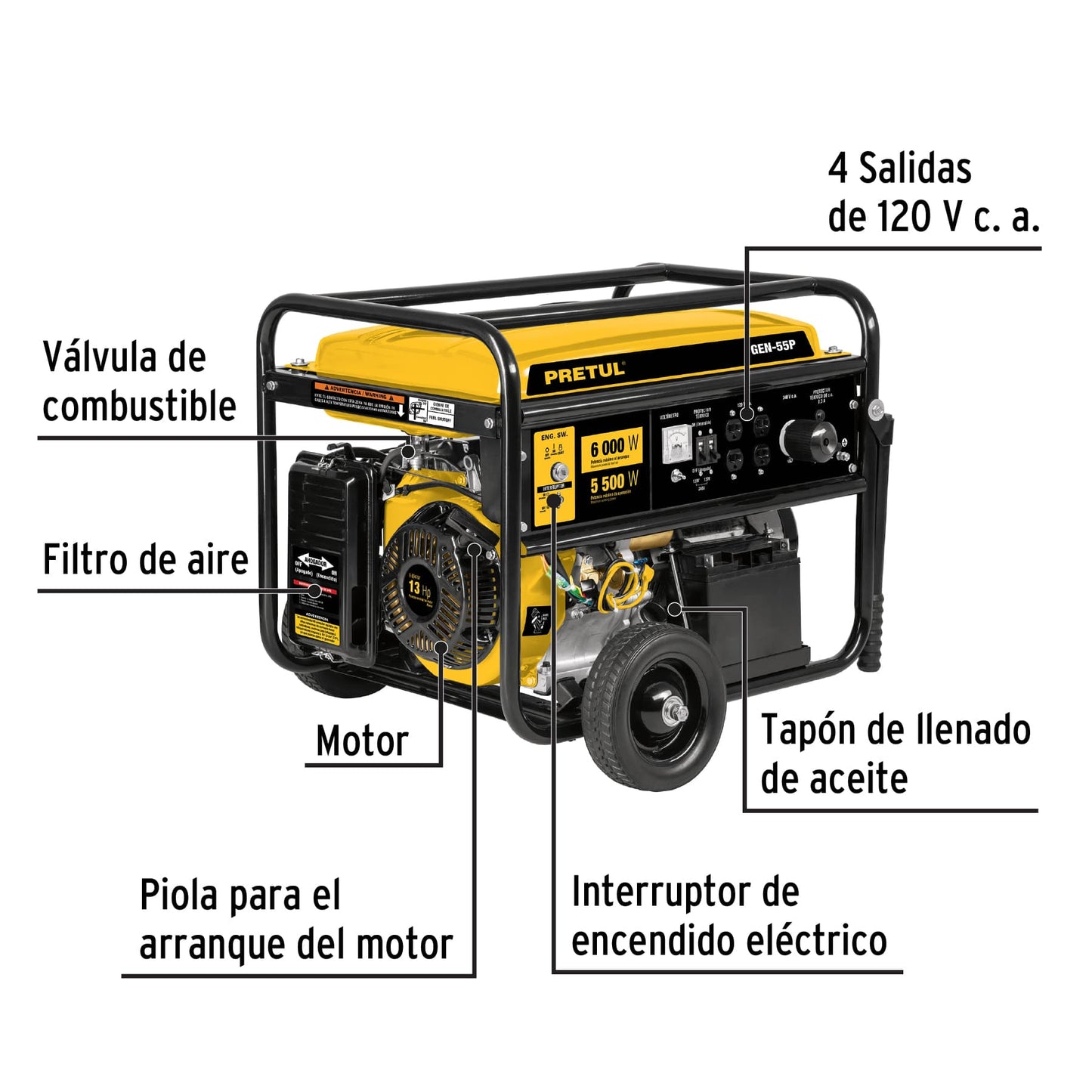 Generador eléctrico a gasolina, 5,500 w, Pretul