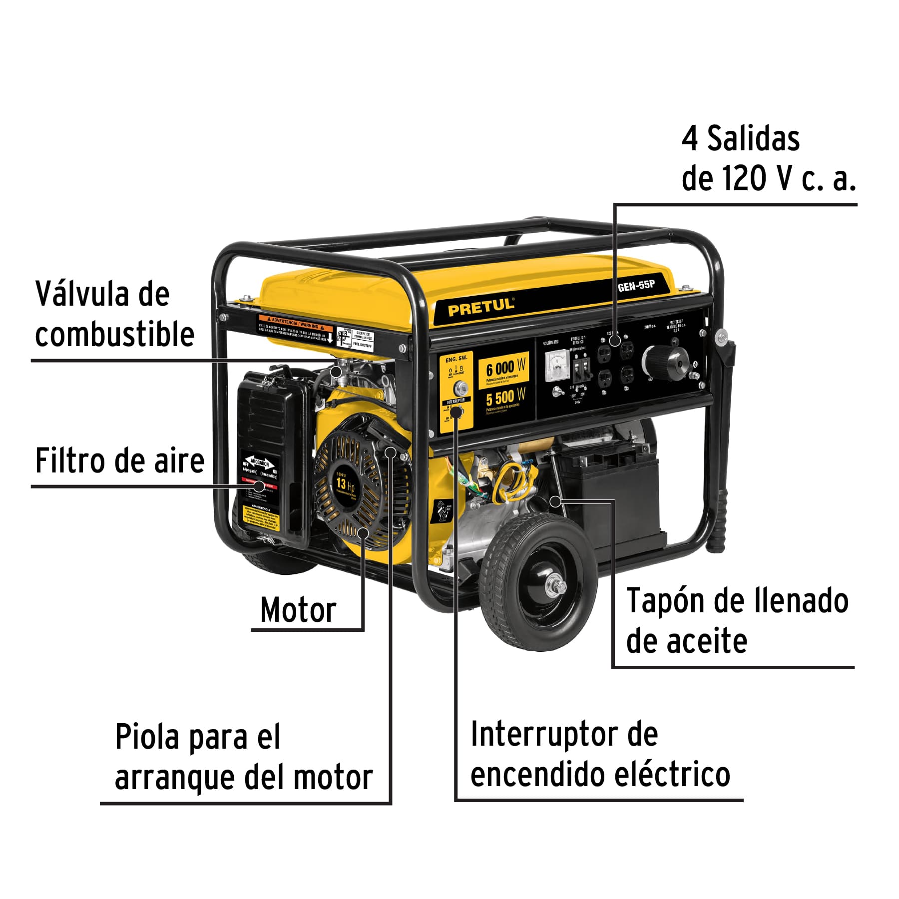 Generador eléctrico a gasolina, 5,500 w, Pretul