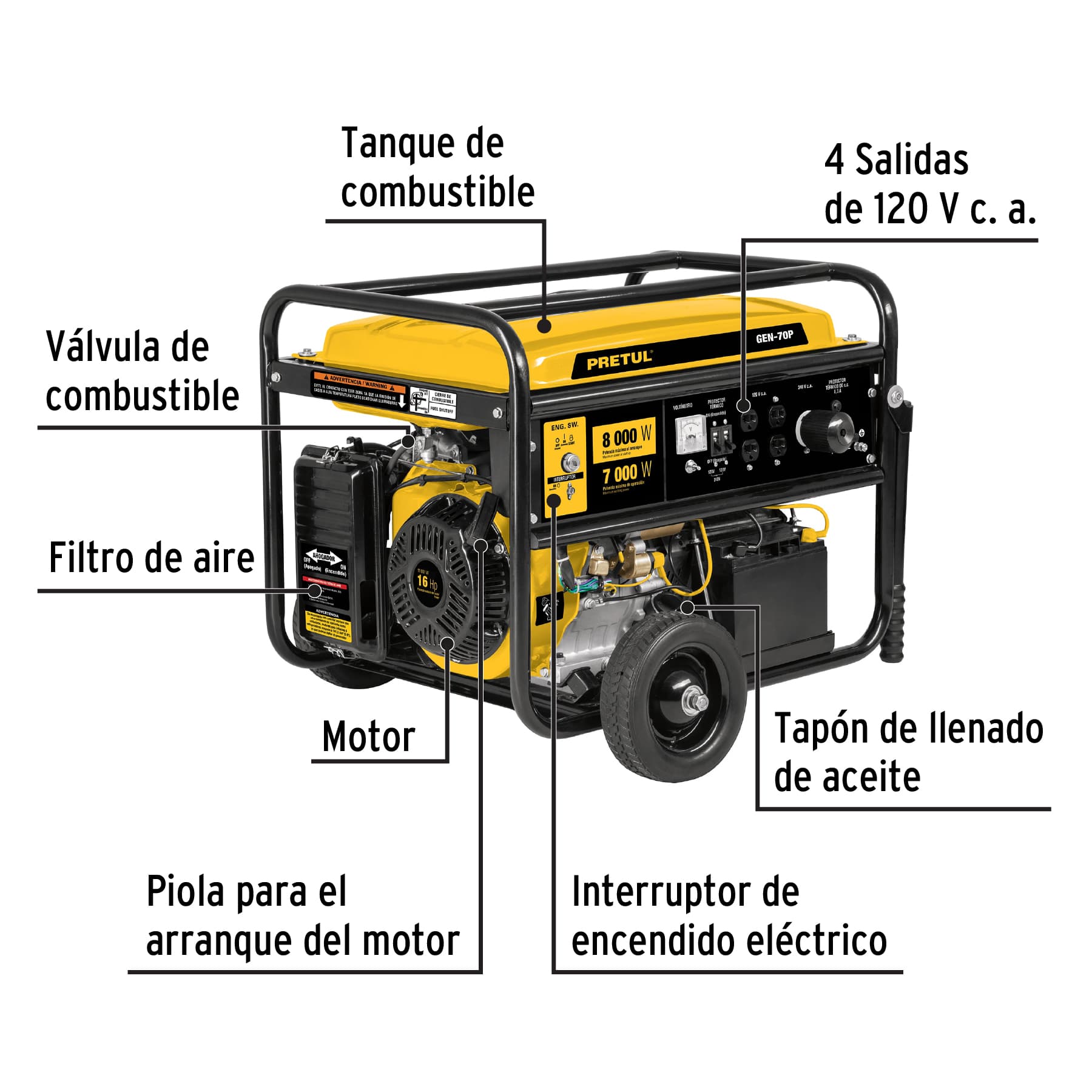 Generador eléctrico a gasolina, 7,000 w, Pretul