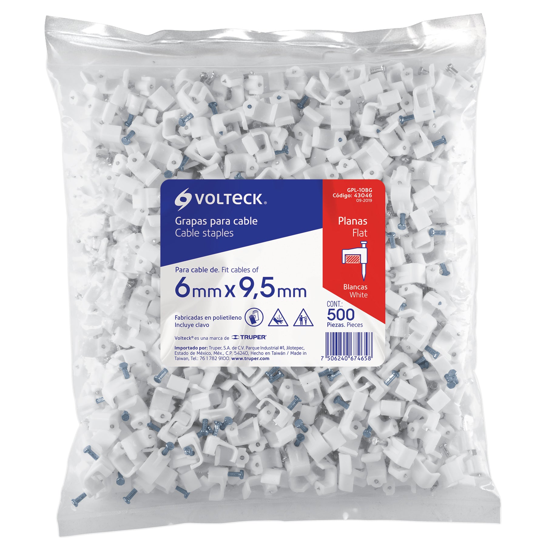 Grapa para cable plano, 6 x 9.5 mm, blanca, bolsa 500 pzas