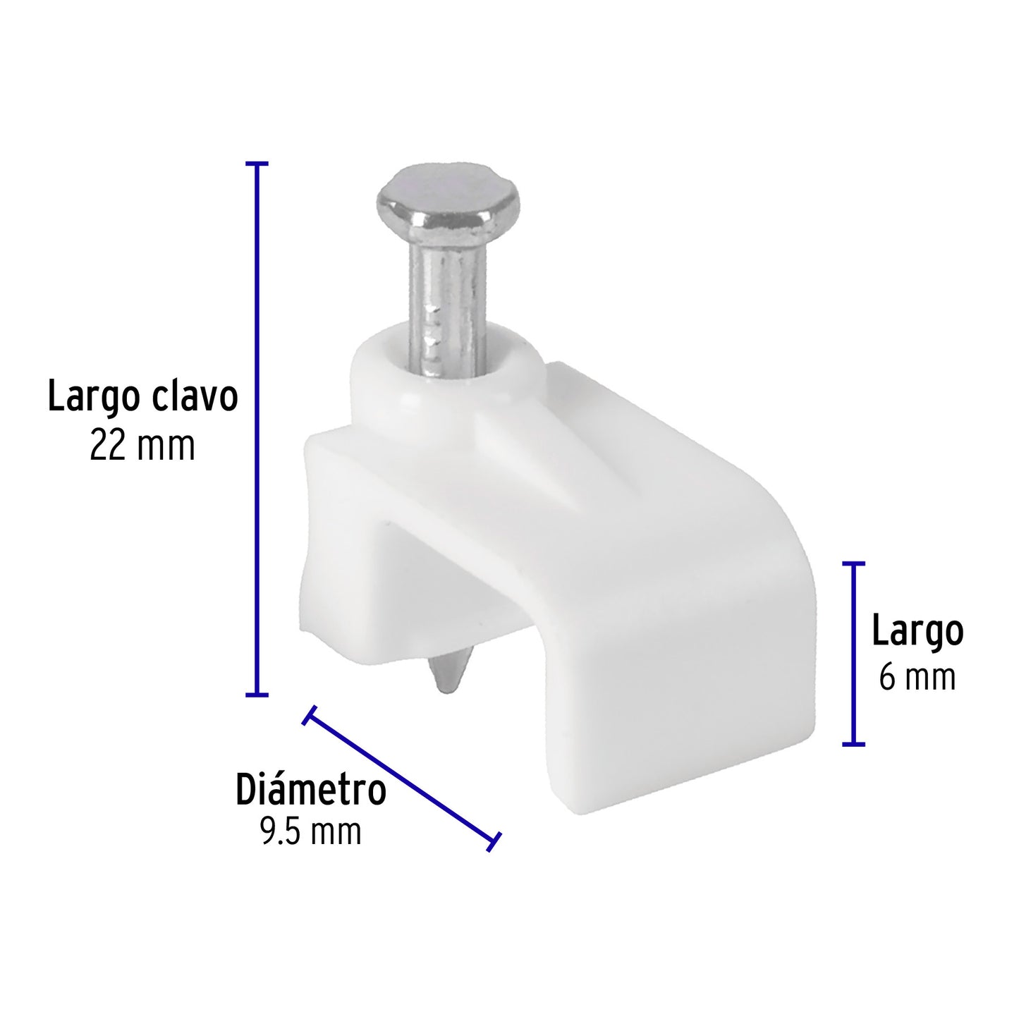 Grapa para cable plano, 6 x 9.5 mm, blanca, bolsa 500 pzas