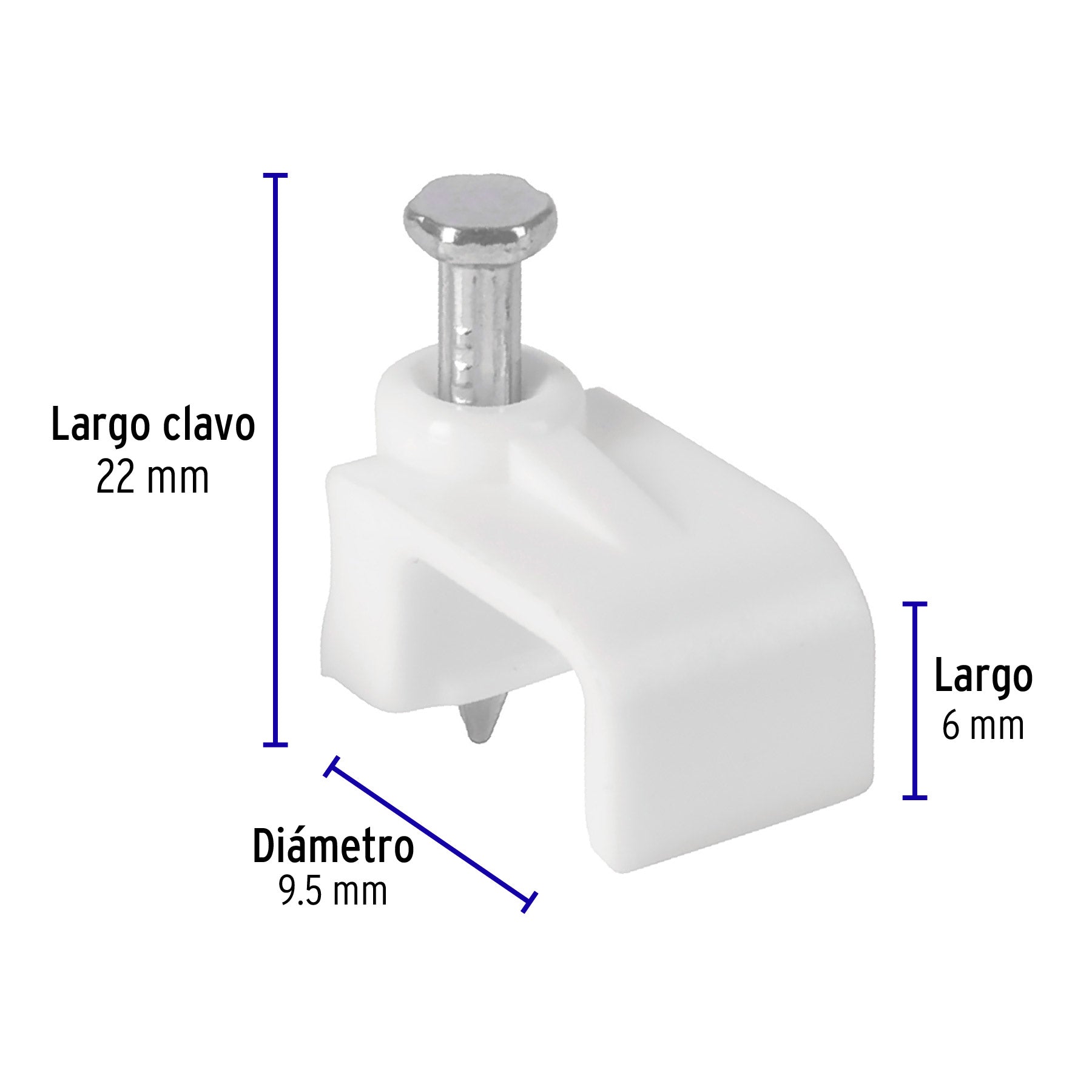 Grapa para cable plano, 6 x 9.5 mm, blanca, bolsa 500 pzas