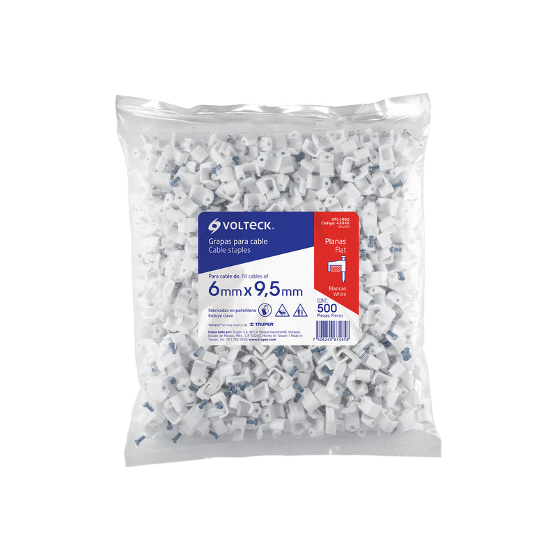 Grapa para cable plano, 6 x 9.5 mm, blanca, bolsa 500 pzas