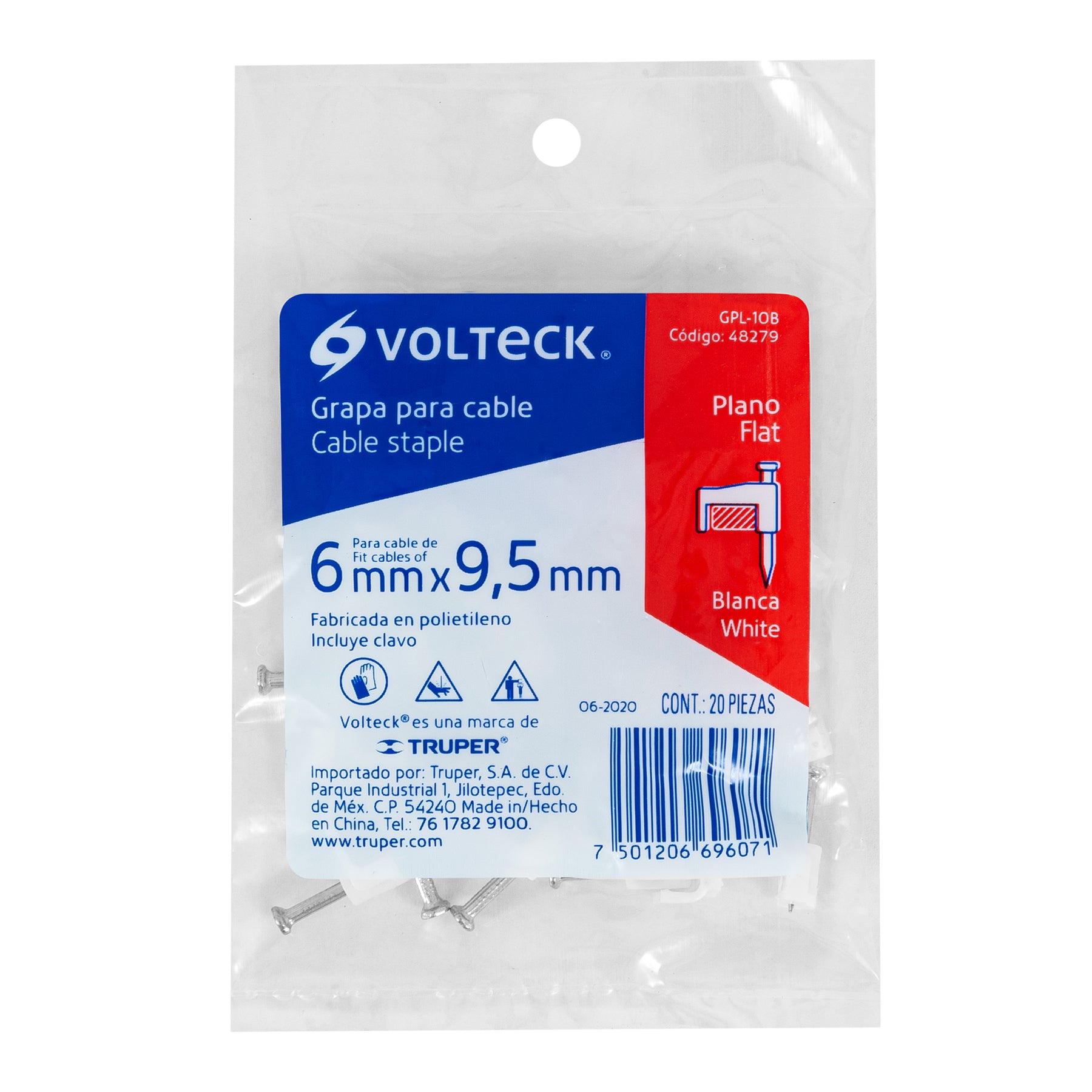 Grapa para cable plano, 6 X 9.5 mm, blanca, bolsa 20 pzas
