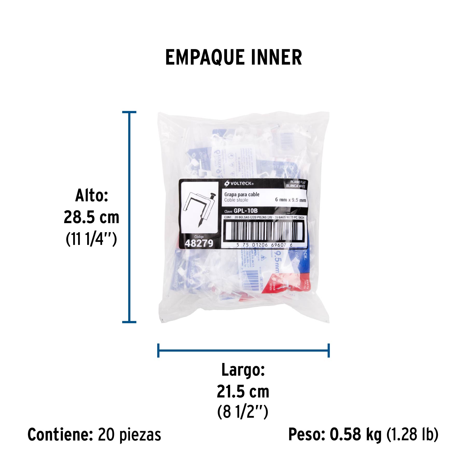 Grapa para cable plano, 6 X 9.5 mm, blanca, bolsa 20 pzas