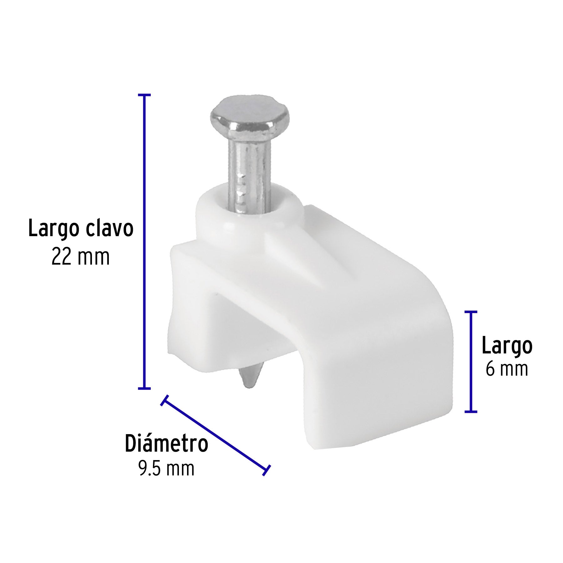 Grapa para cable plano, 6 X 9.5 mm, blanca, bolsa 20 pzas