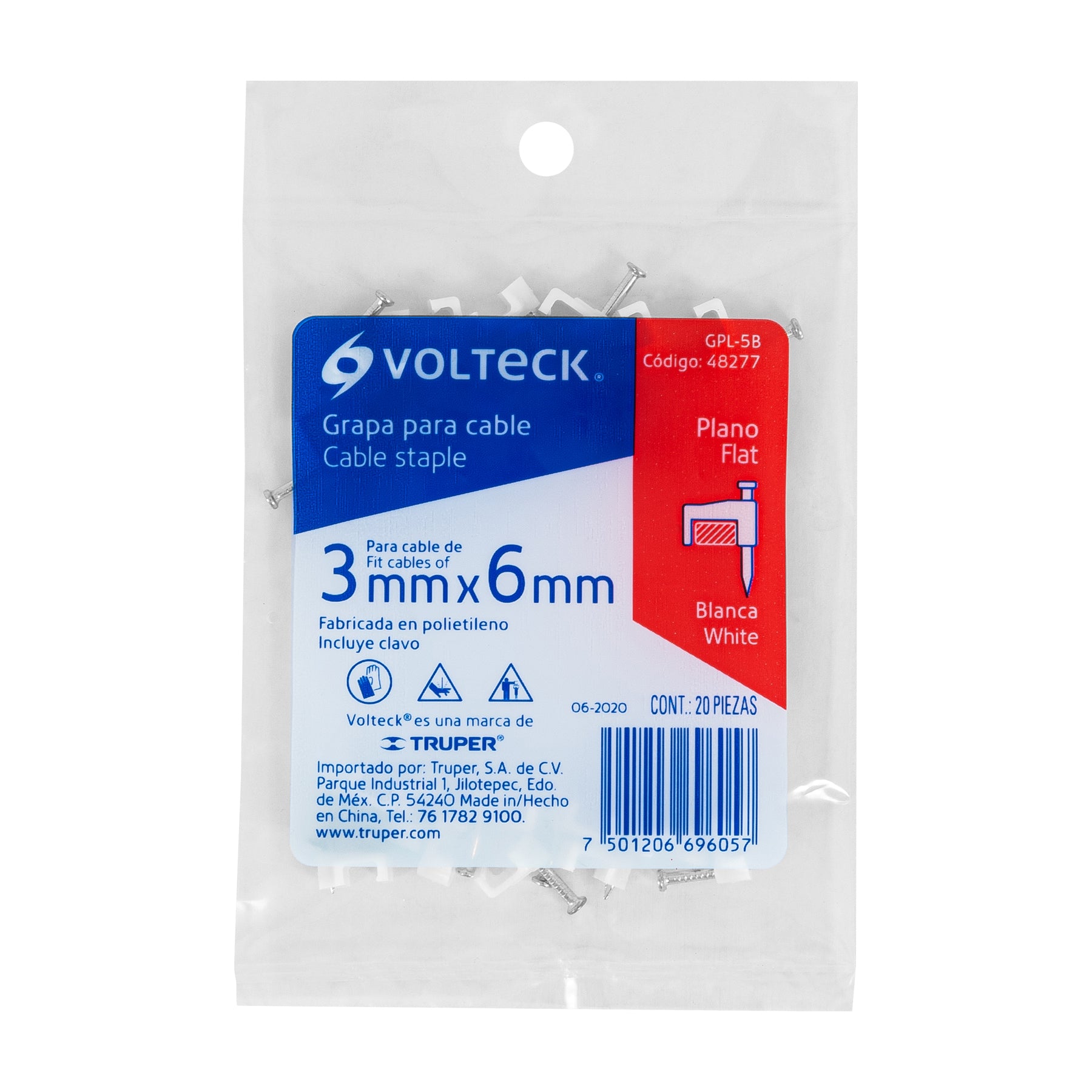 Grapa para cable plano, 3 X 6 mm, blanca, bolsa 20 pzas