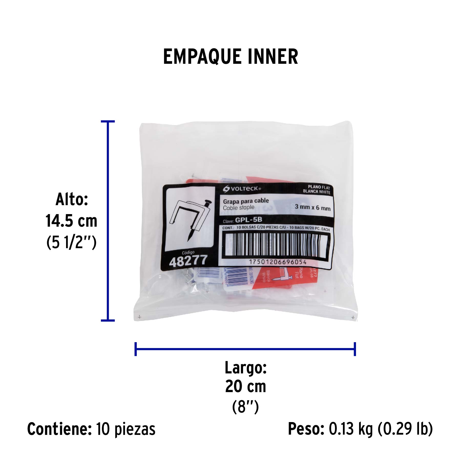 Grapa para cable plano, 3 X 6 mm, blanca, bolsa 20 pzas