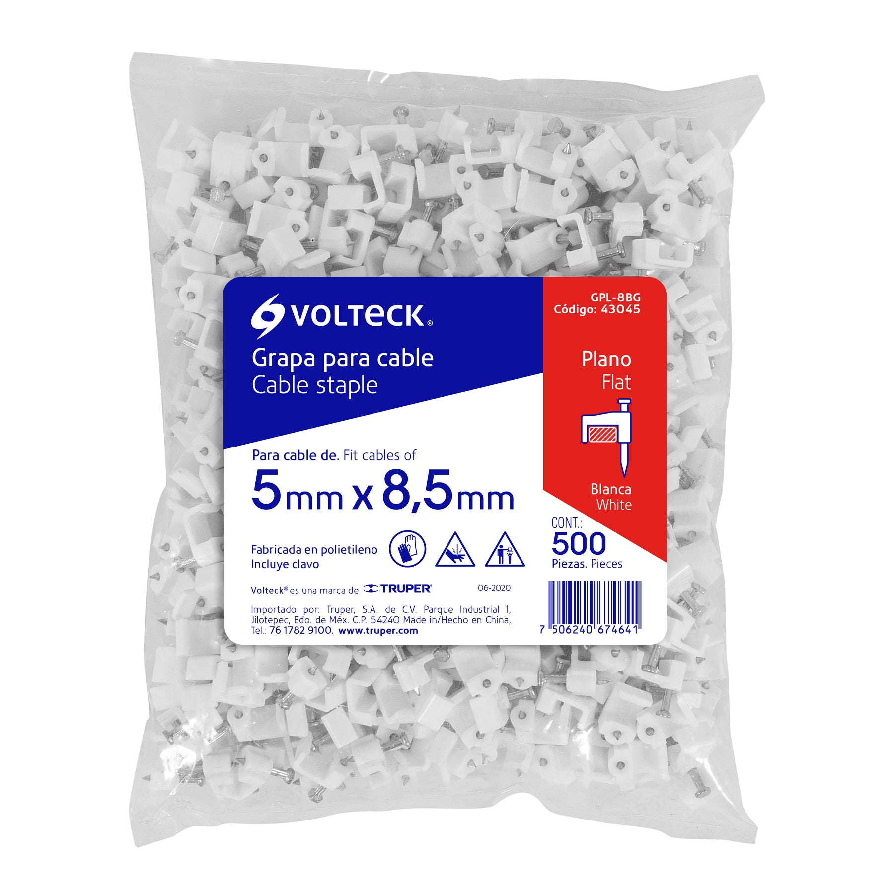 Grapa para cable plano, 5 X 8.5 mm, blanca, bolsa 500 pzas