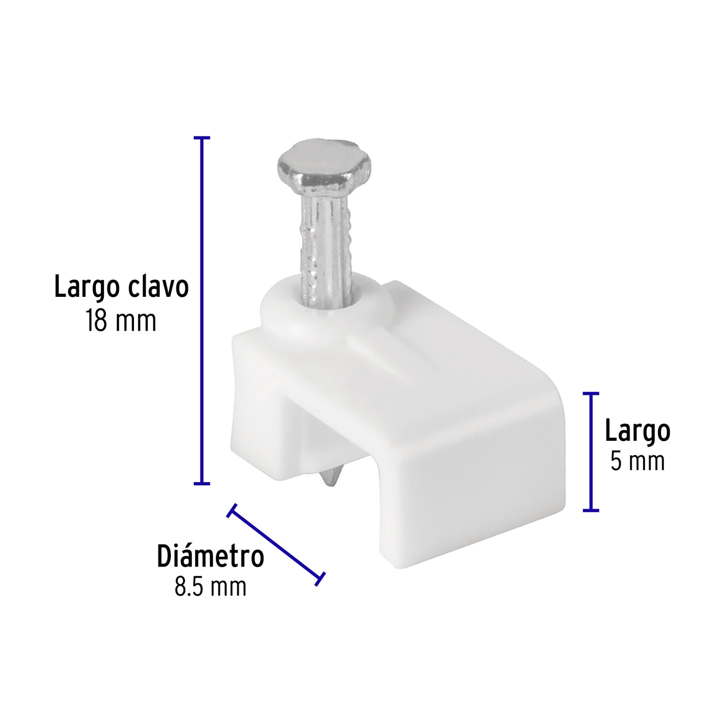 Grapa para cable plano, 5 X 8.5 mm, blanca, bolsa 500 pzas