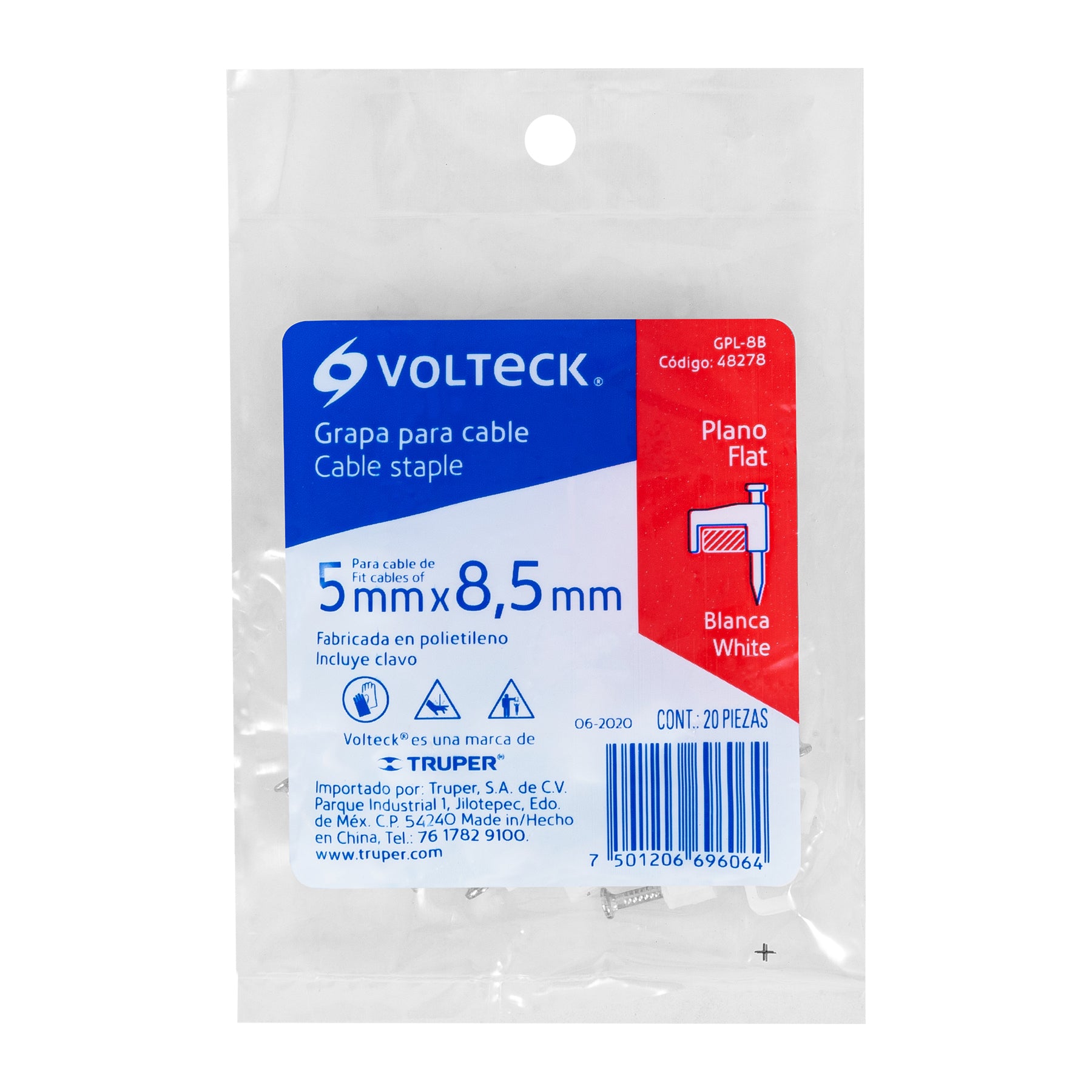Grapa para cable plano, 5 X 8.5 mm, blanca, bolsa 20 pzas