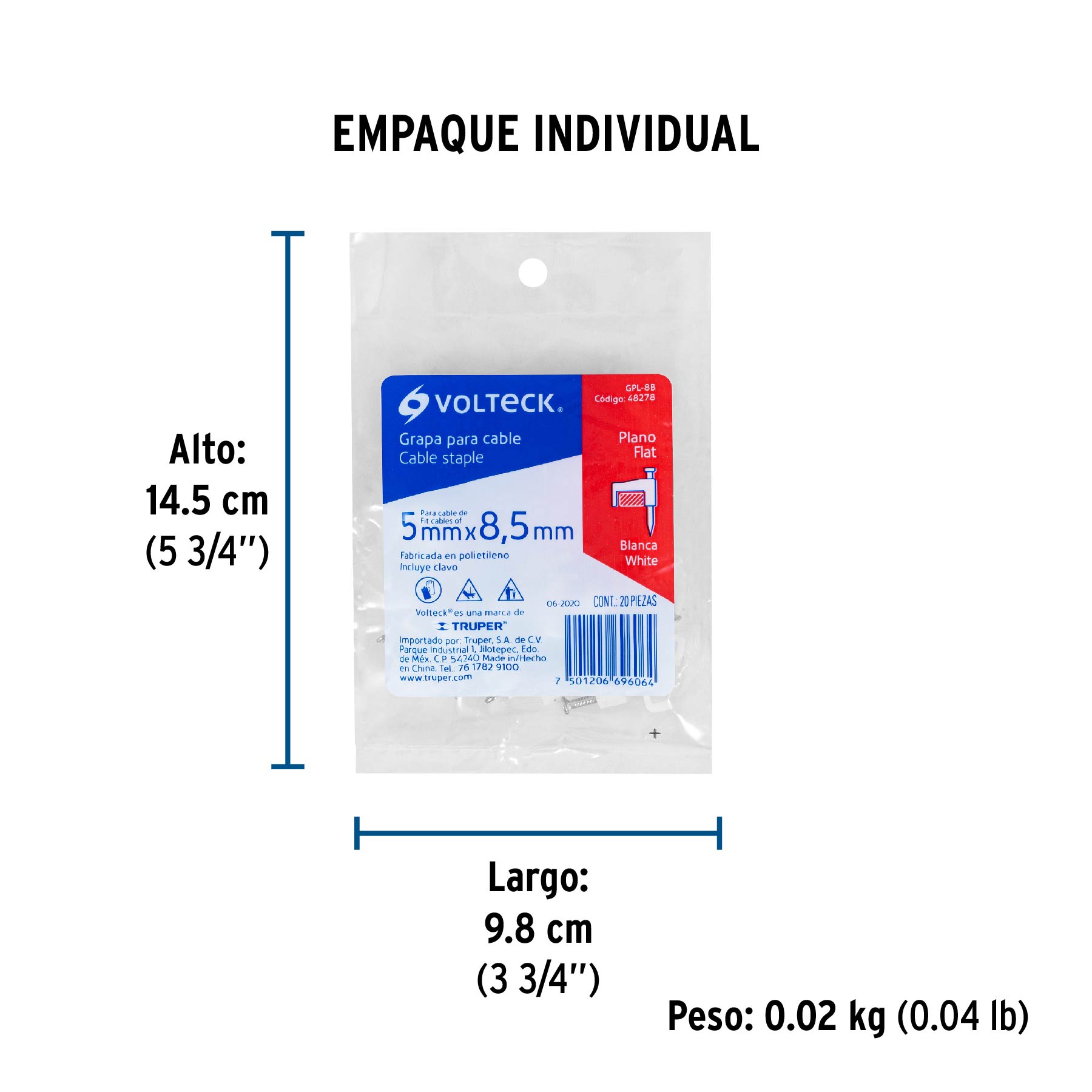 Grapa para cable plano, 5 X 8.5 mm, blanca, bolsa 20 pzas