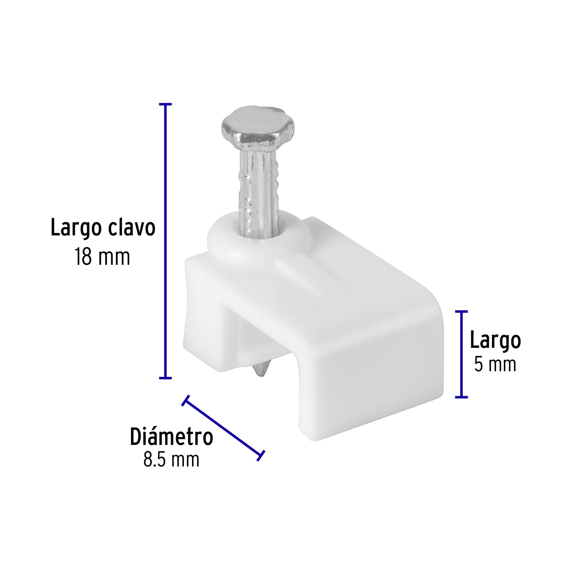 Grapa para cable plano, 5 X 8.5 mm, blanca, bolsa 20 pzas