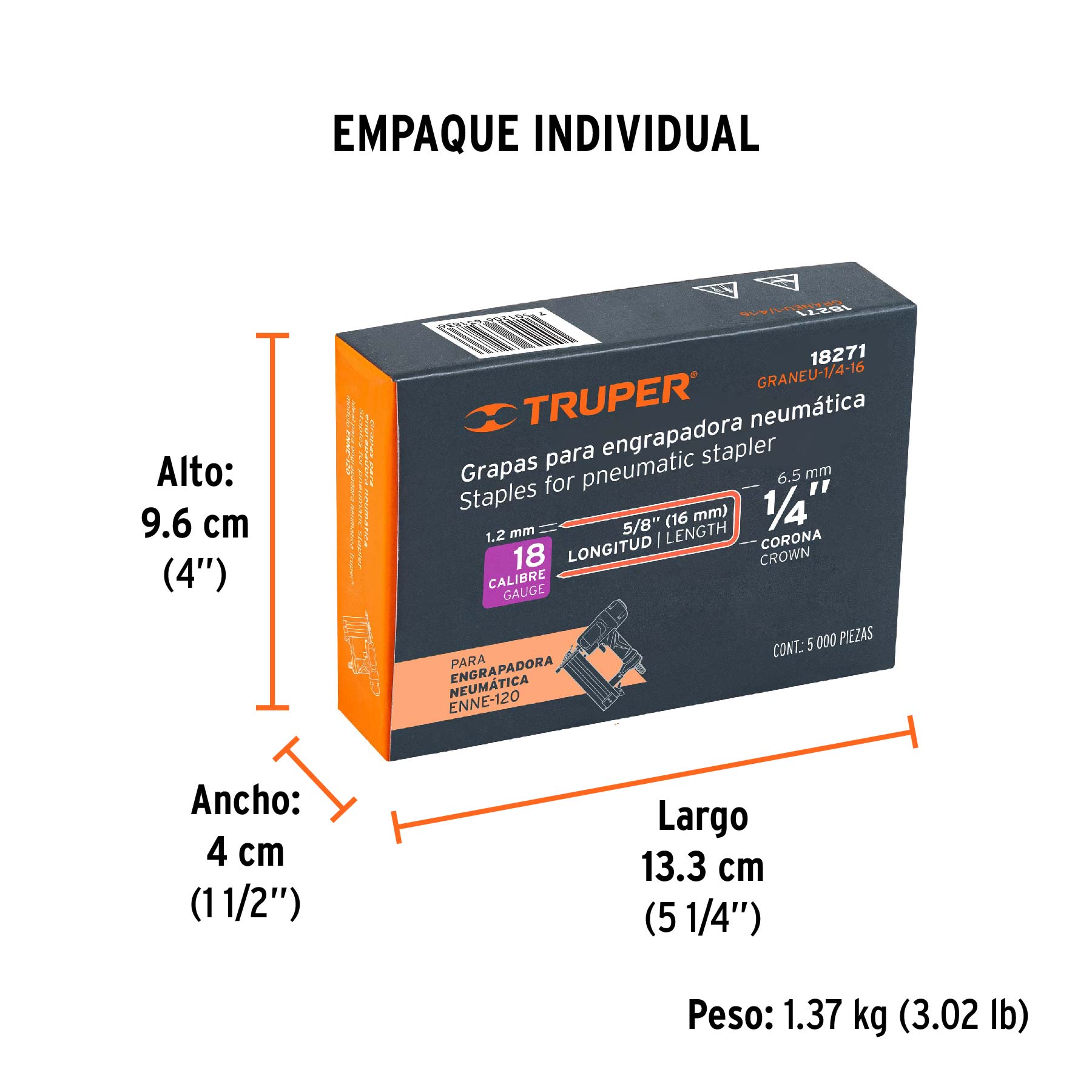 Grapas para engrapadora neumática ENEU-1/4, 16mm, 5000 pzas