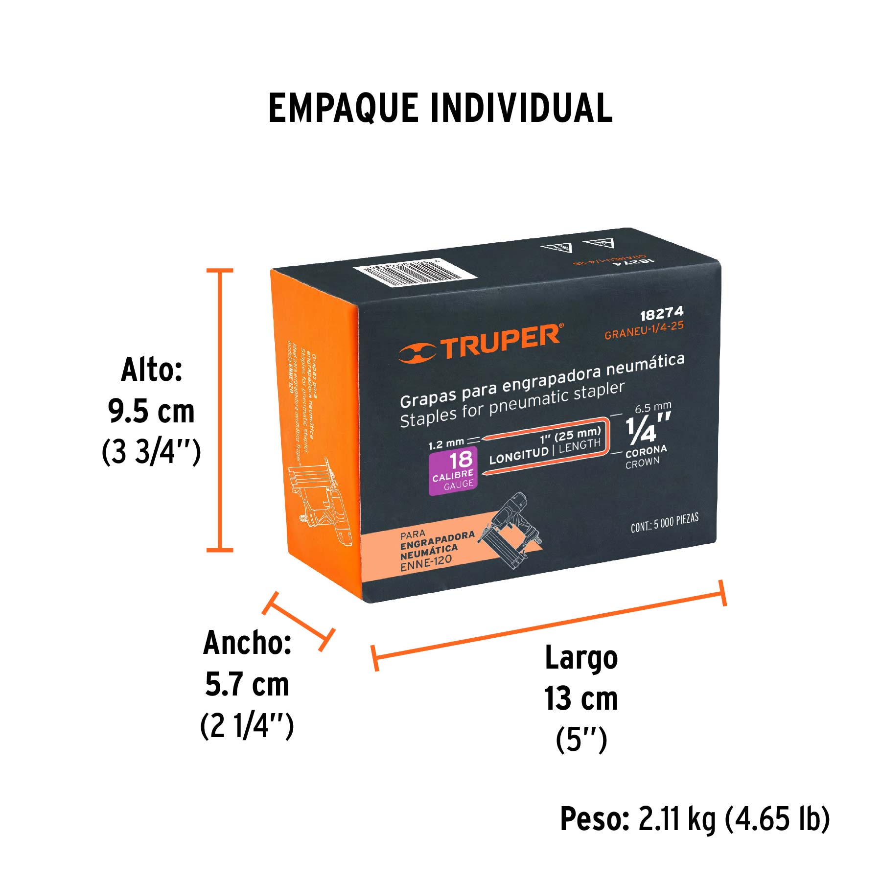 Grapas para engrapadora neumática ENEU-1/4, 25mm, 5000 pzas