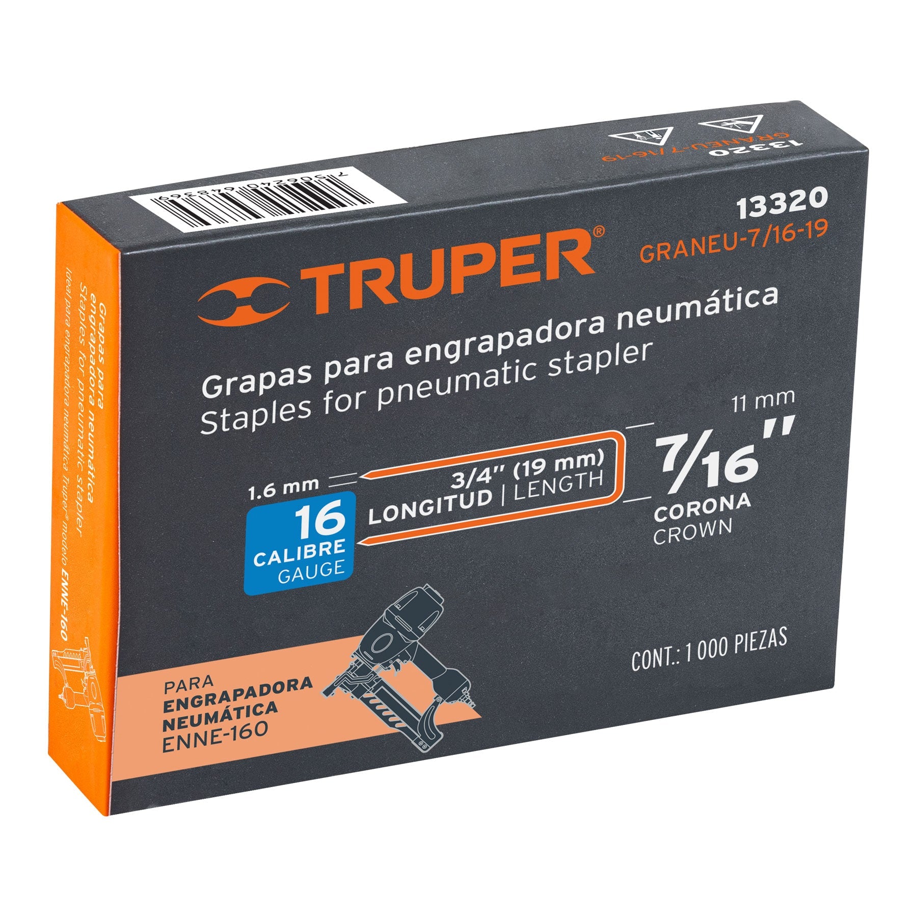 Grapas para engrapadora neumática ENEU-7/16, 19mm, 1000pzas