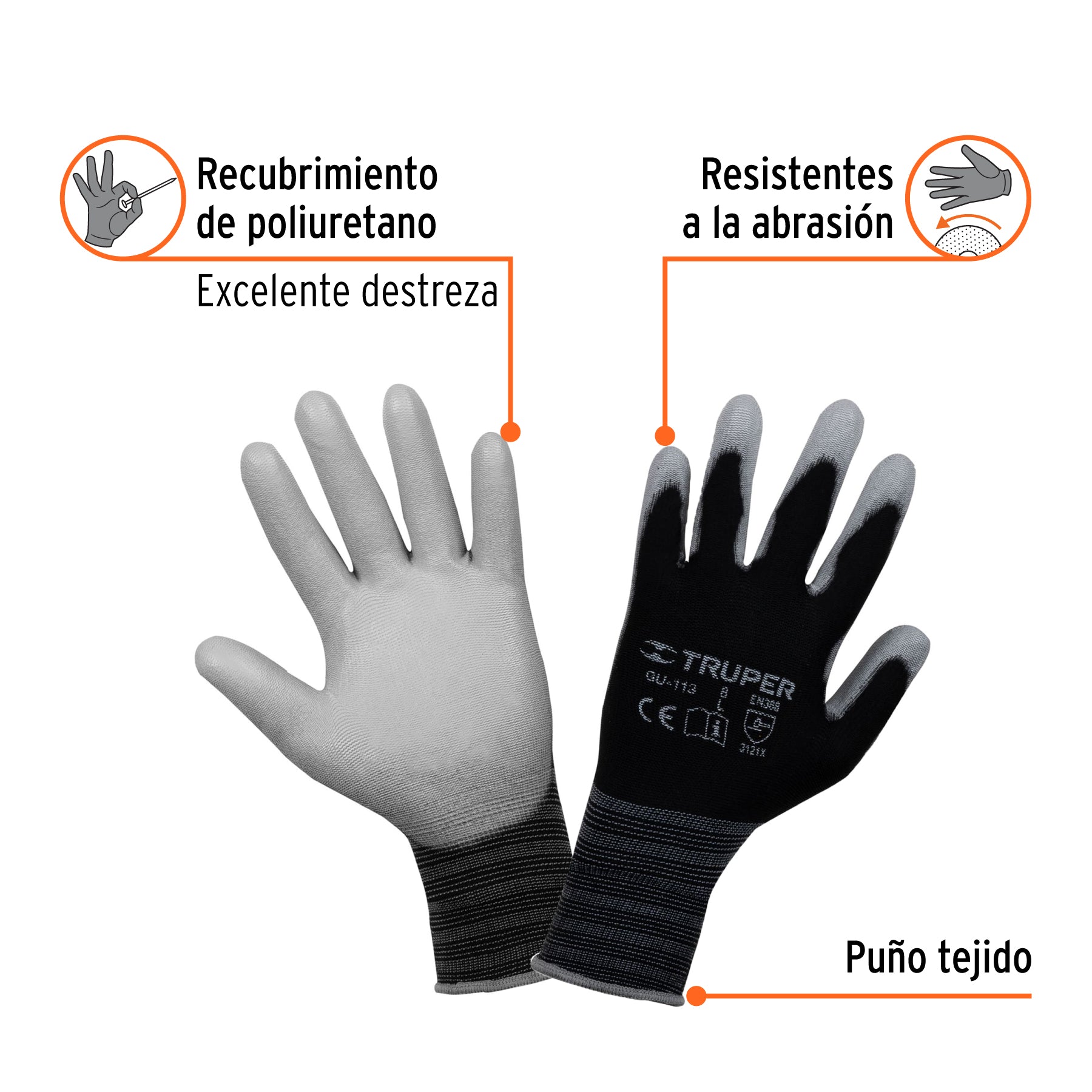 Guantes de nylon recubiertos con poliuretano, grandes