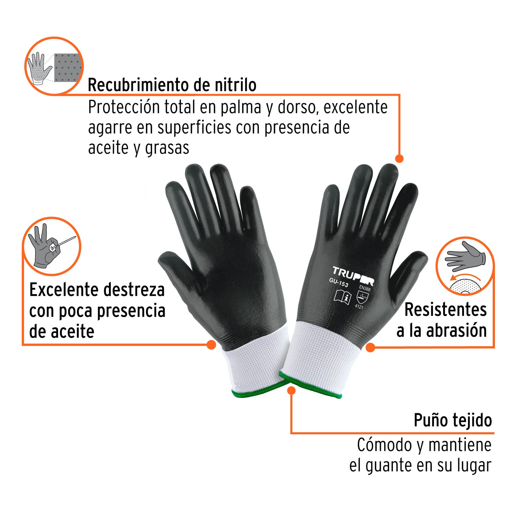 Guantes de poliéster con recubrimiento de nitrilo, grandes