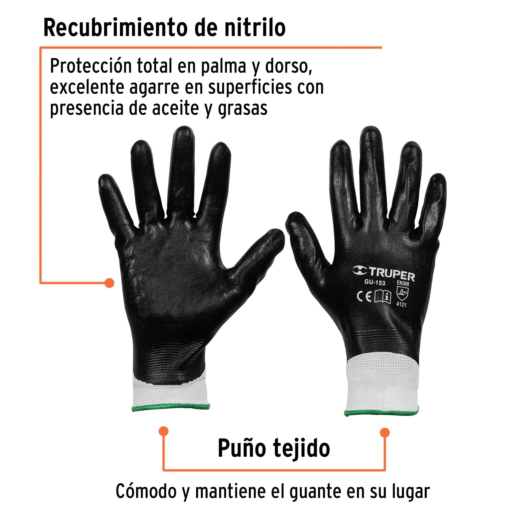 Guantes de poliéster con recubrimiento de nitrilo, grandes