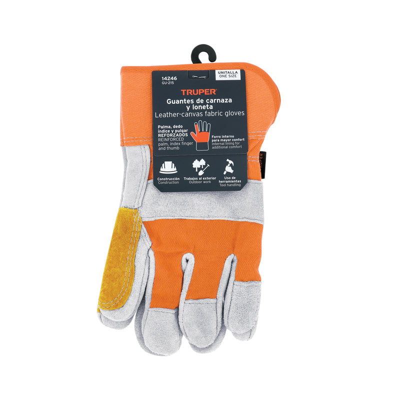 Guantes de carnaza y loneta, con refuerzo, grande