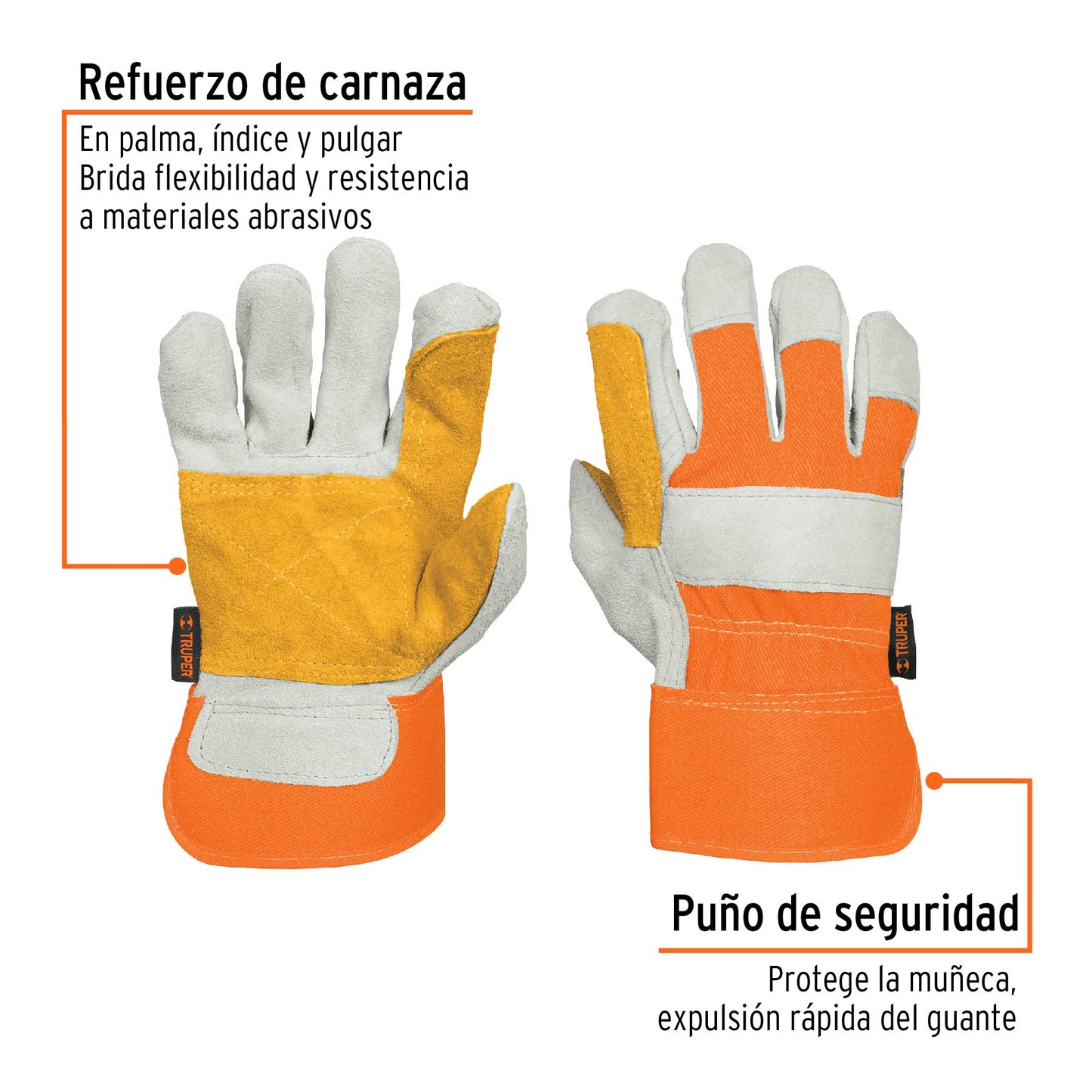 Guantes de carnaza y loneta, con refuerzo, grande